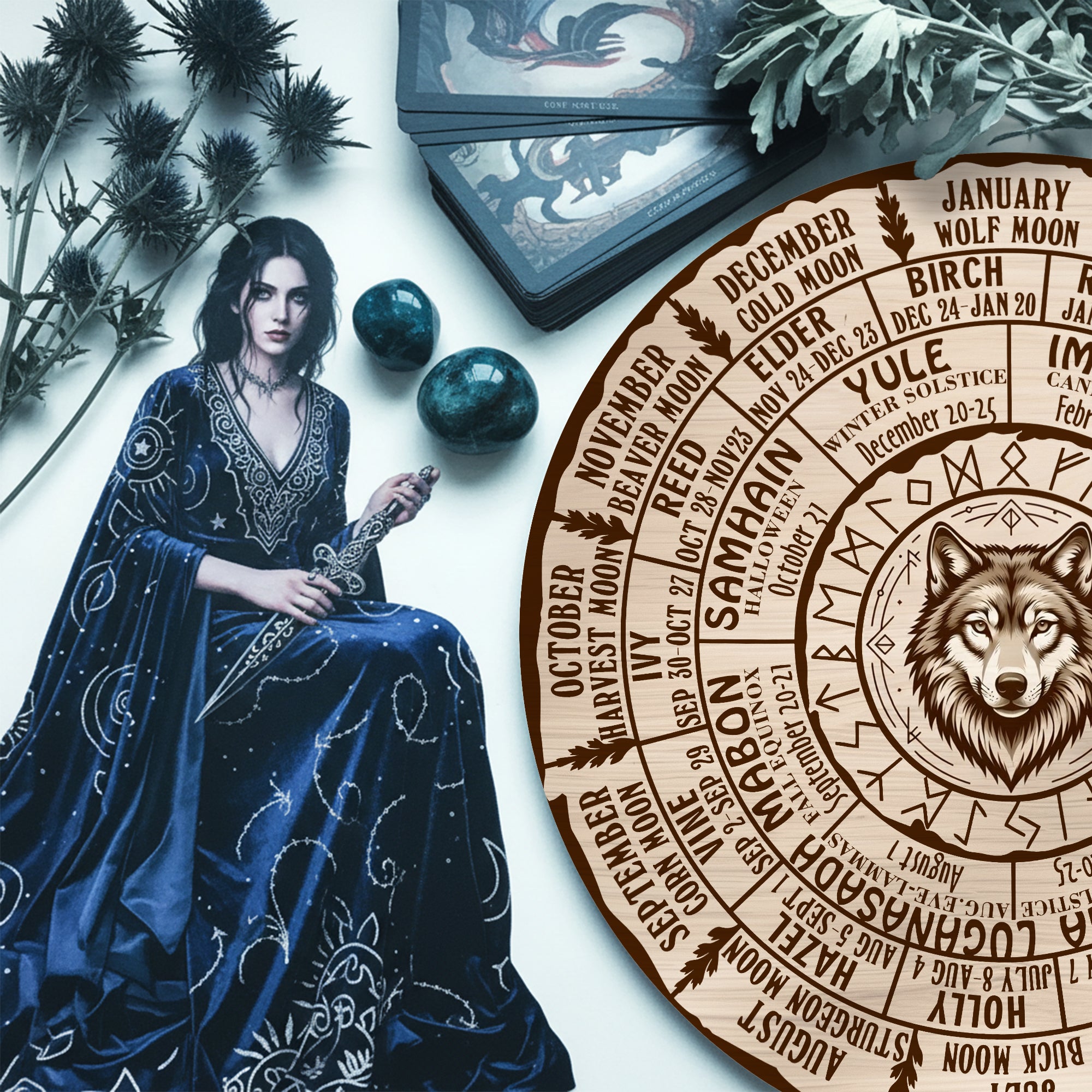 Wolf Engraved Wheel of the Year Wooden Wall Art