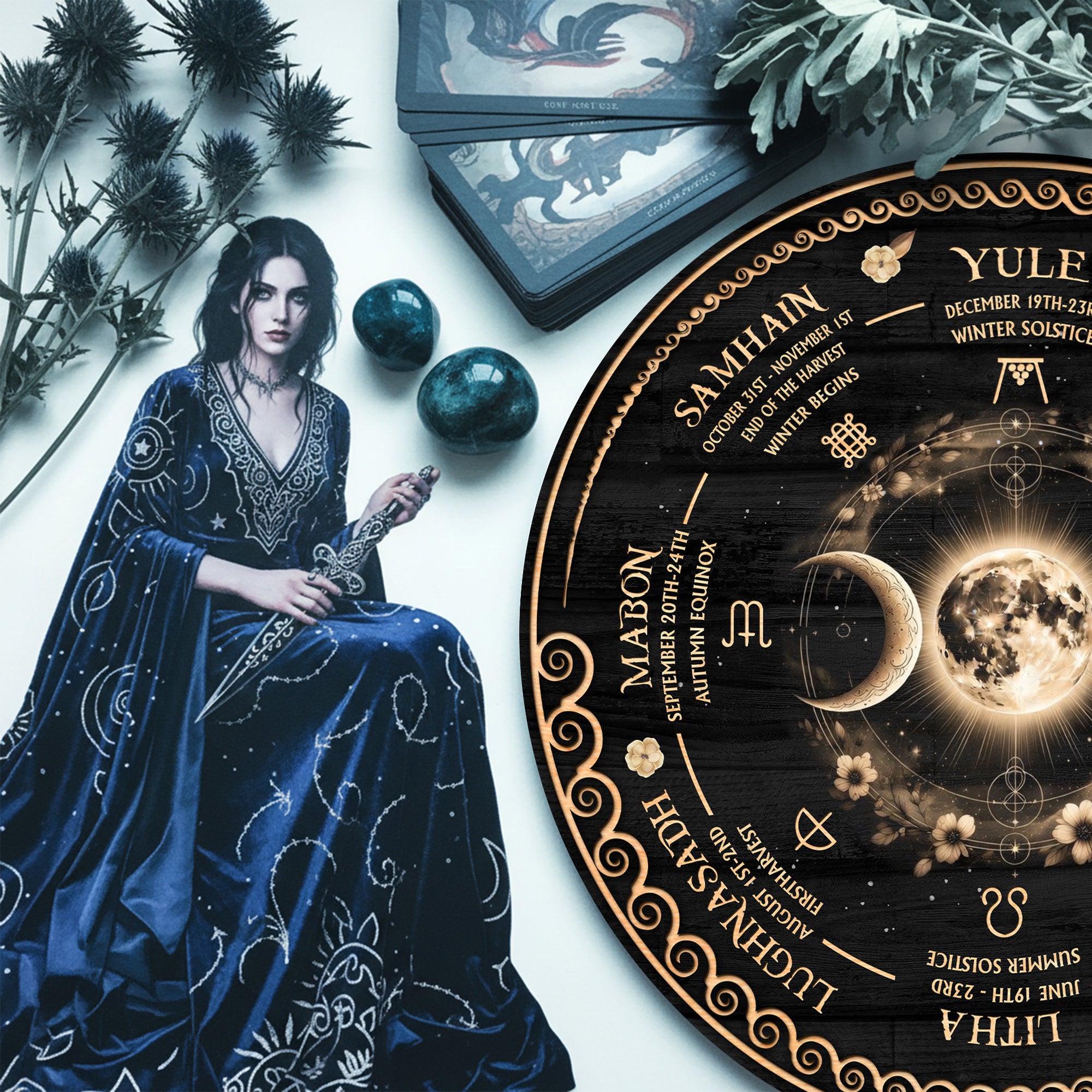 Triple Moon Wheel of the Year Wooden Pagan Wall Decor