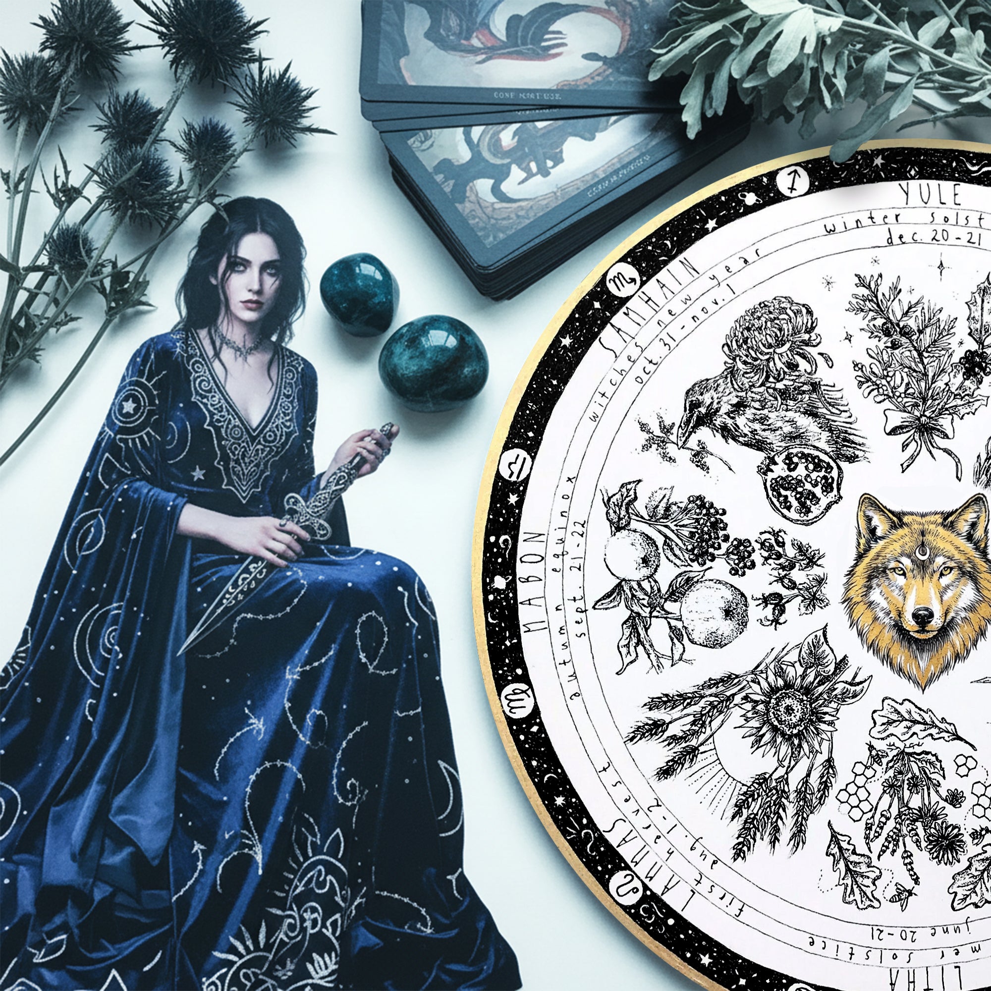 Wolf Vintage Wheel of the Year Wooden Pagan Decor