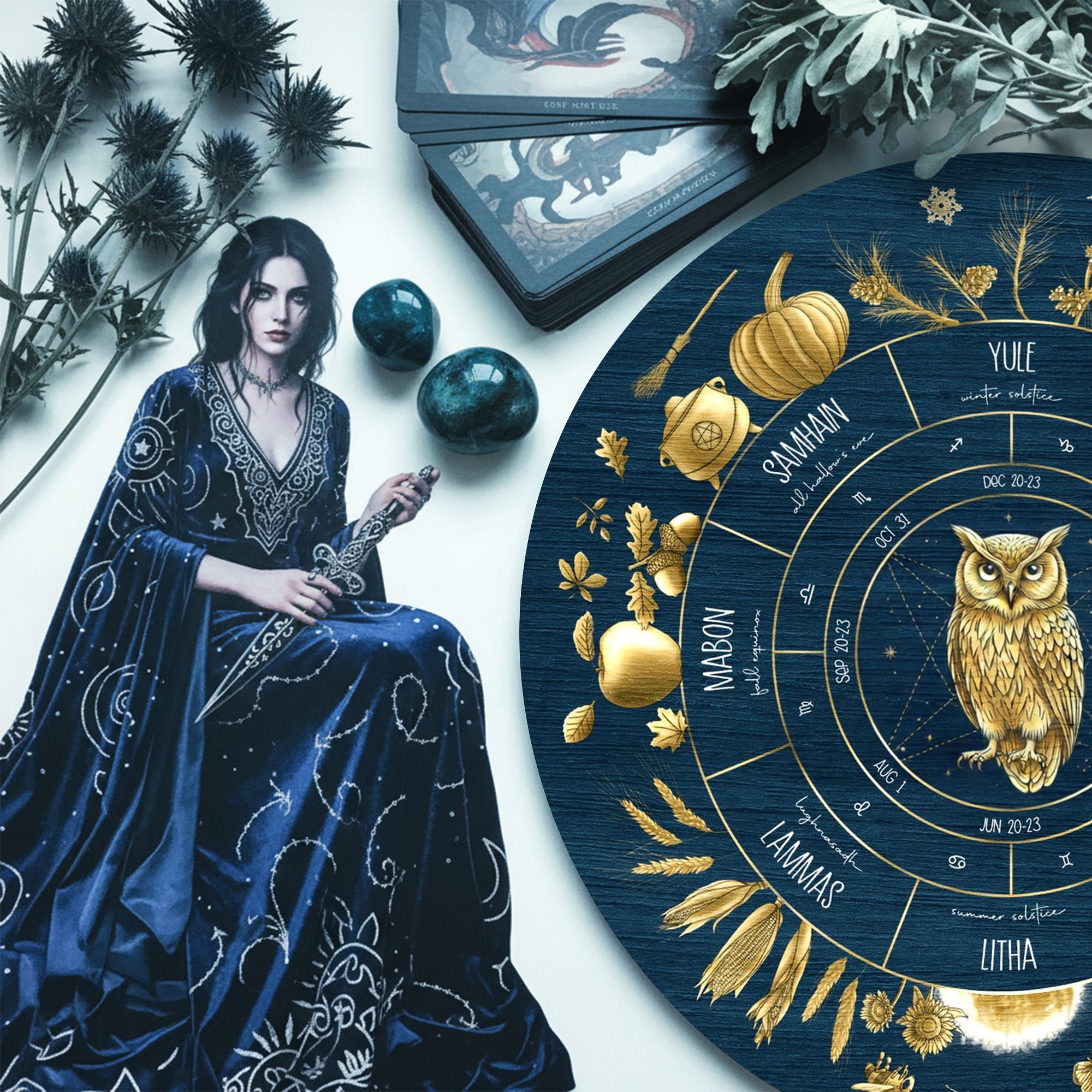 Blue Owl Wheel of the Year Wooden Pagan Wall Decor