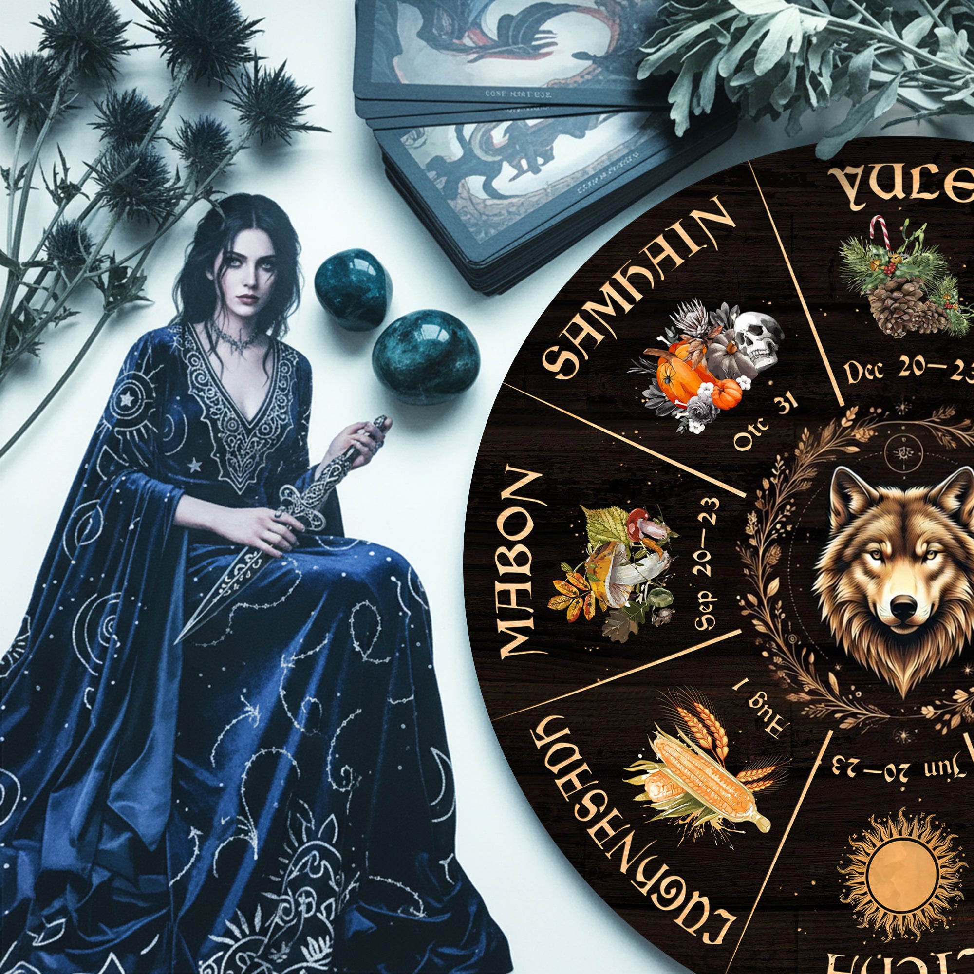 Wolf Seasonal Wheel of the Year Wooden Pagan Wall Art