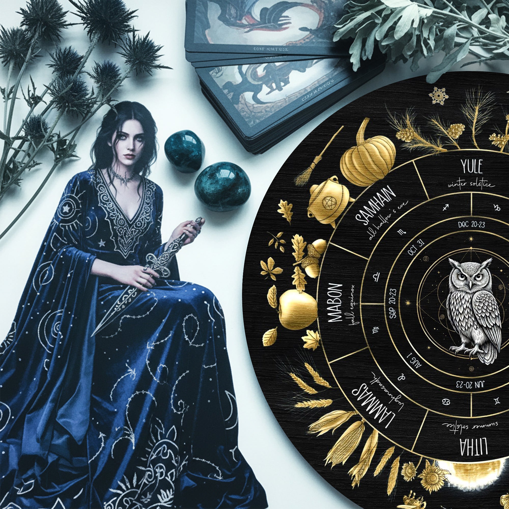 Black Gold Owl Wheel of the Year Wooden Pagan Wall Art