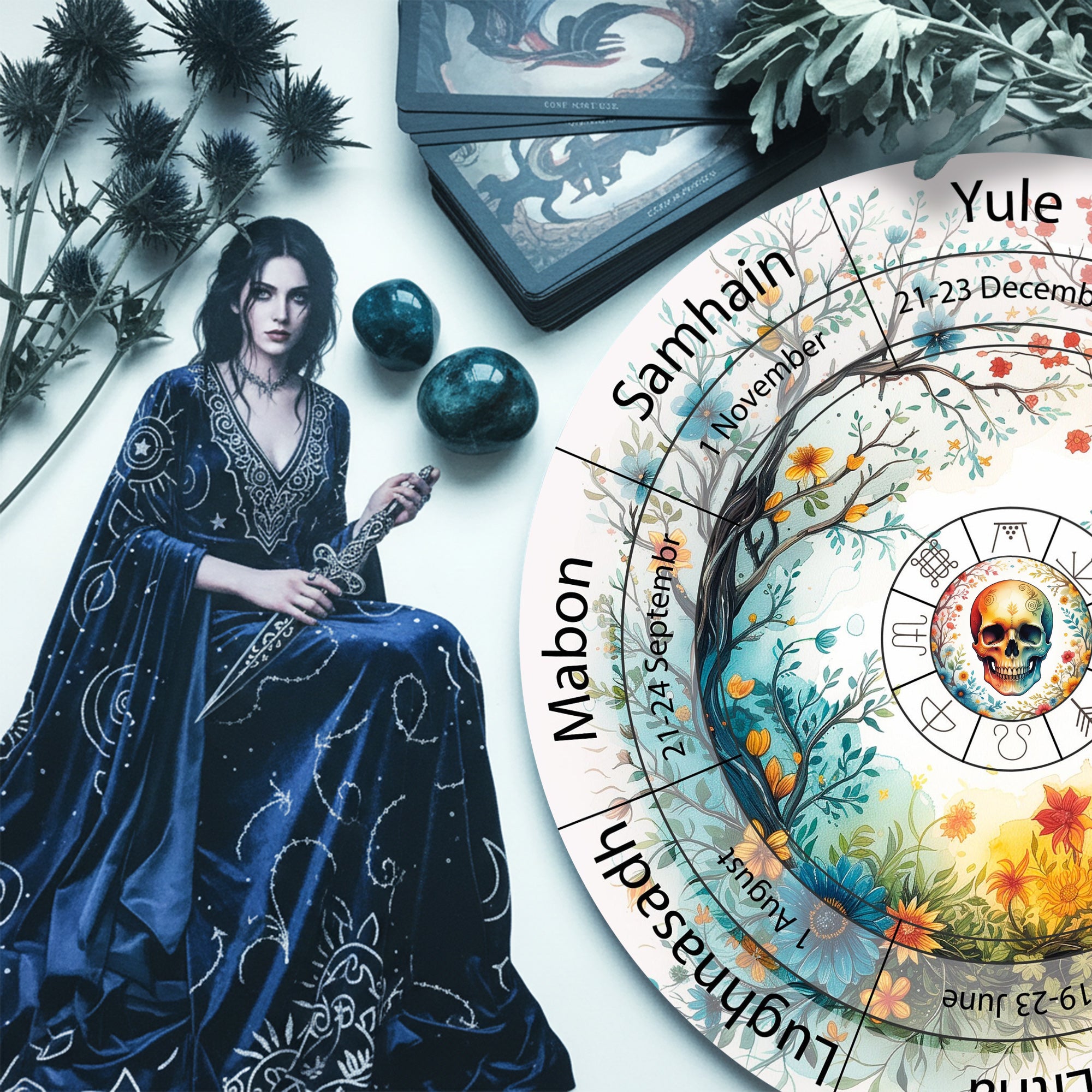 Colorful Skull Wheel of the Year Wooden Gothic Decor