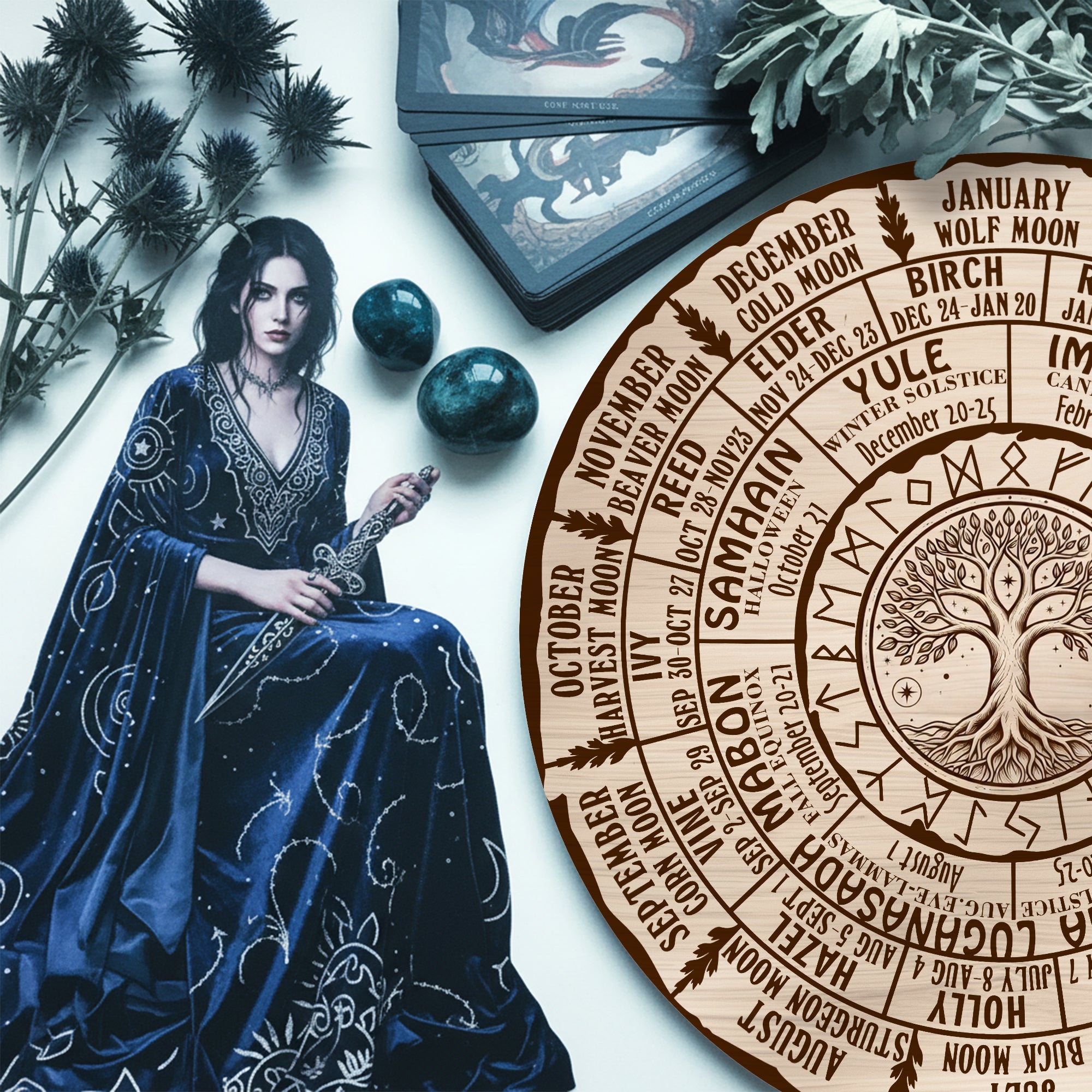 Tree Engraved Wheel of the Year Wooden Wall Decor