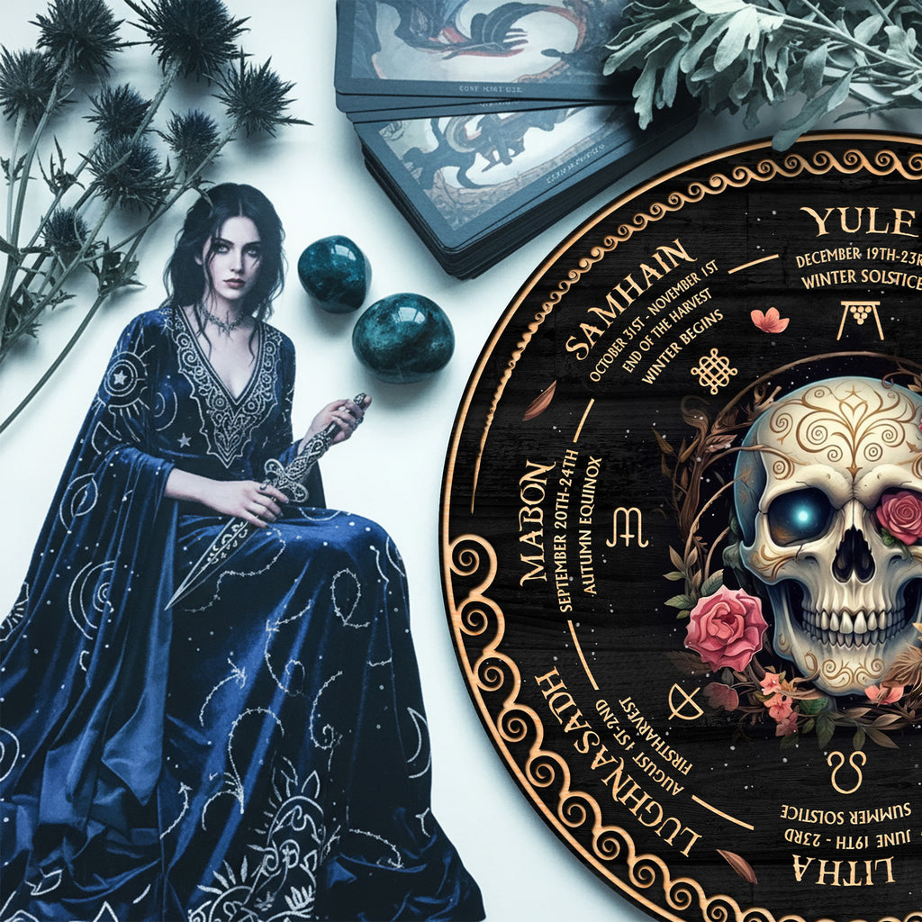 Floral Skull Wheel of the Year Wooden Gothic Wall Art