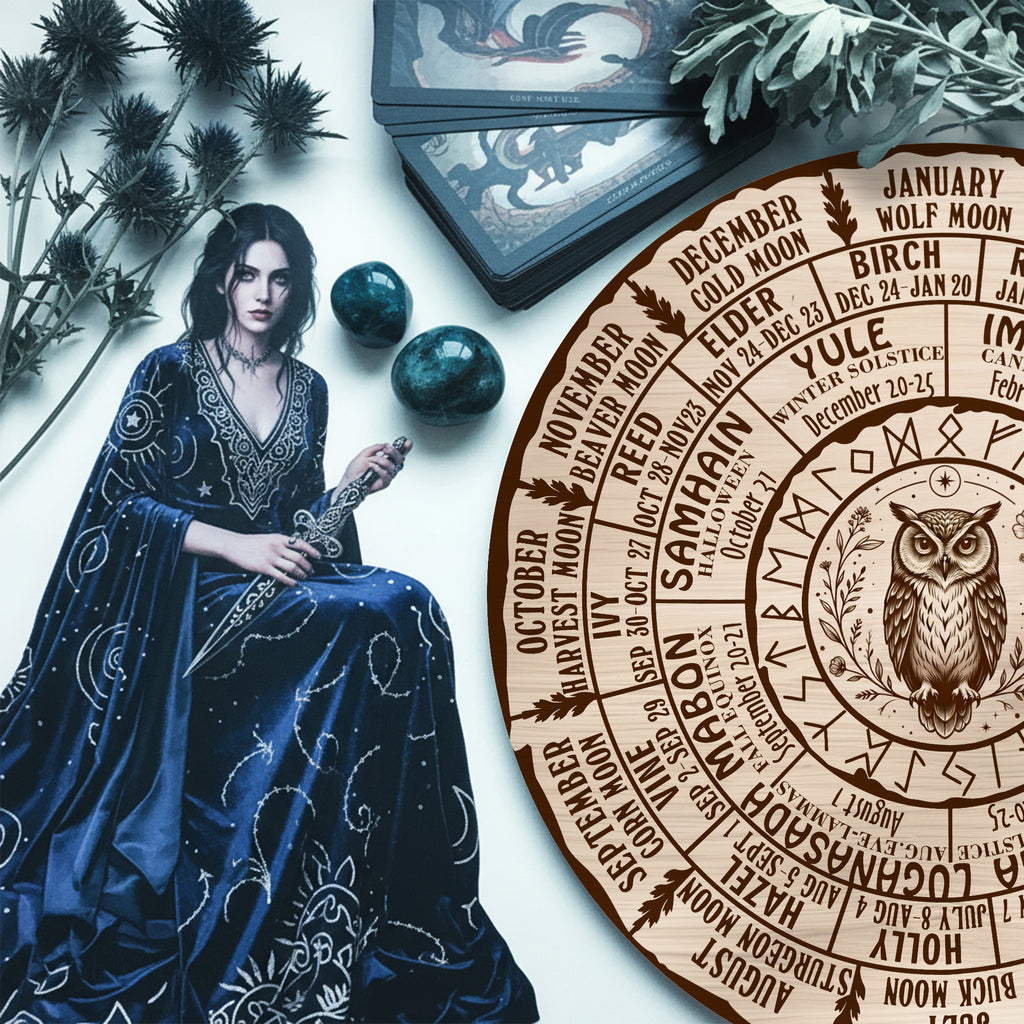Owl Engraved Wheel of the Year Wooden Pagan Decor