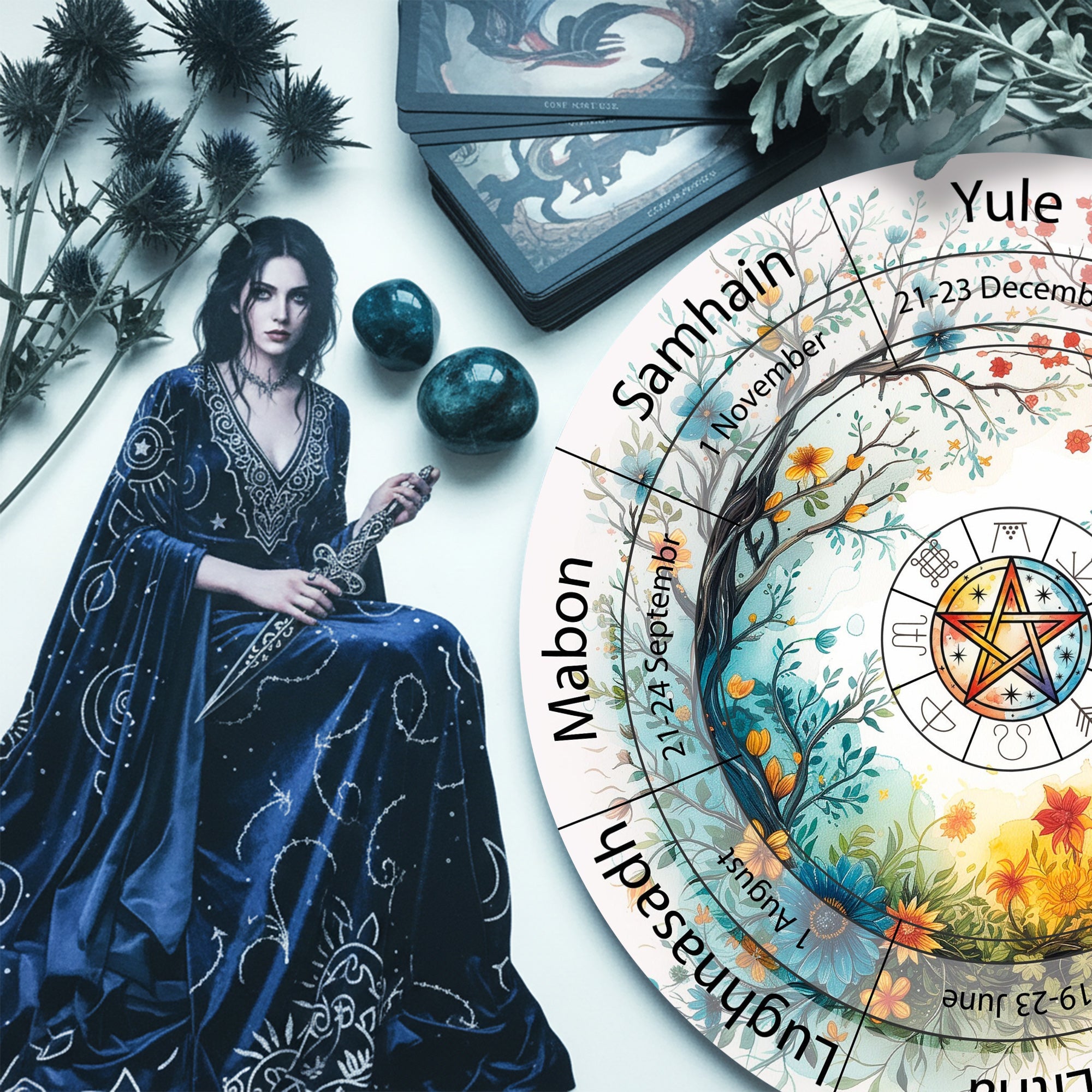 Colorful Pentagram Wheel of the Year Wooden Wiccan Decor