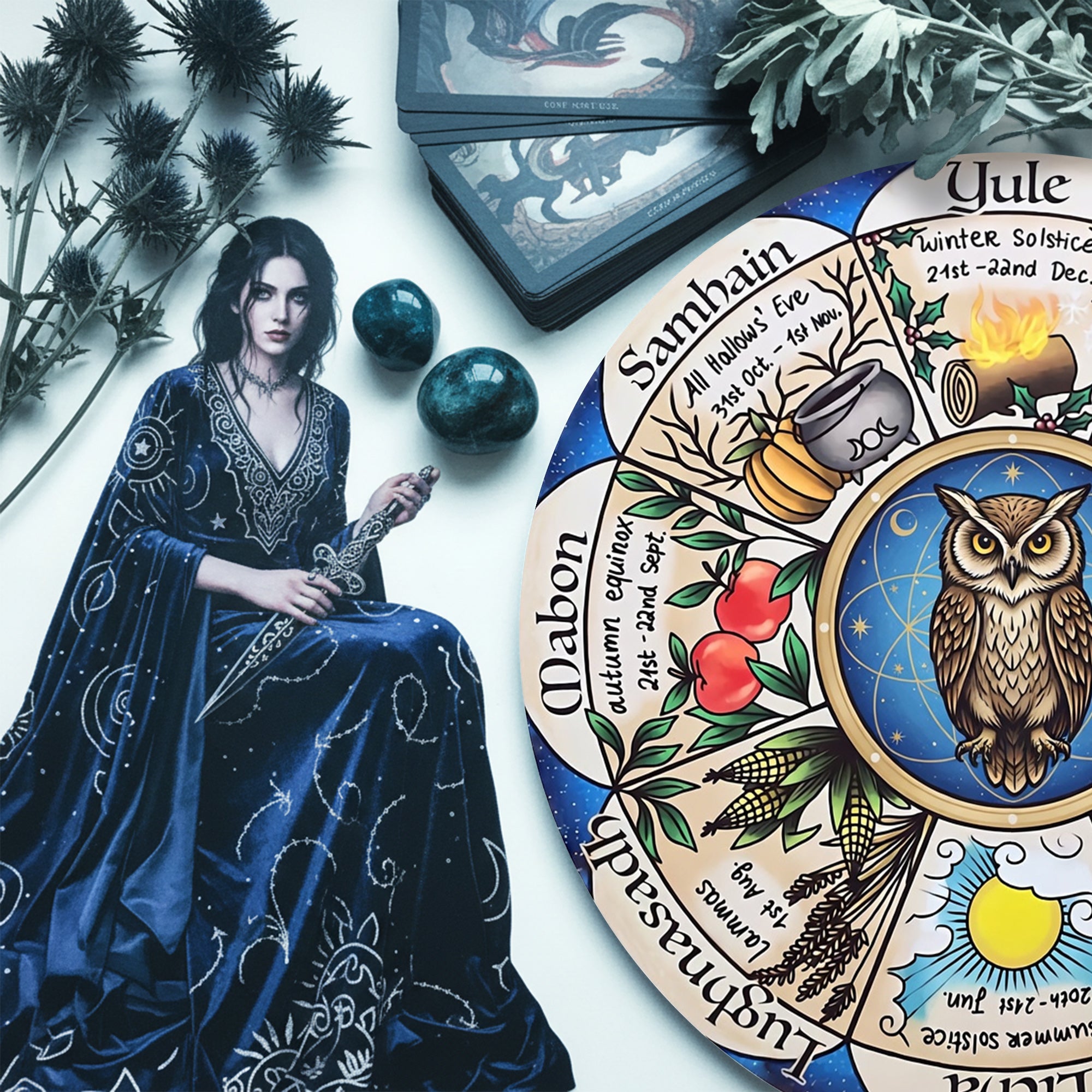 Owl Herbal Wheel of the Year Wooden Pagan Wall Decor