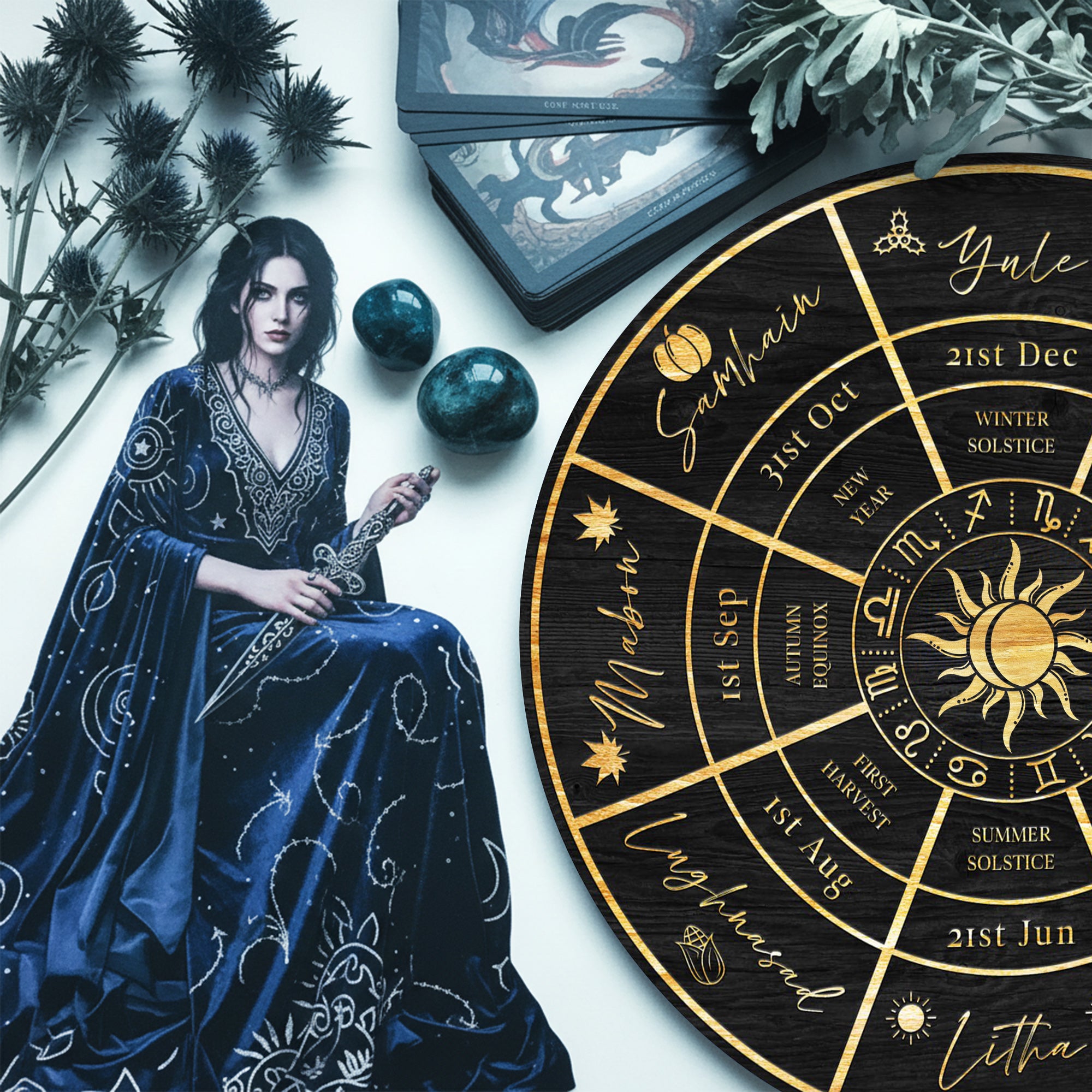 Sun Wheel of the Year Wooden Pagan Spiritual Wall Decor