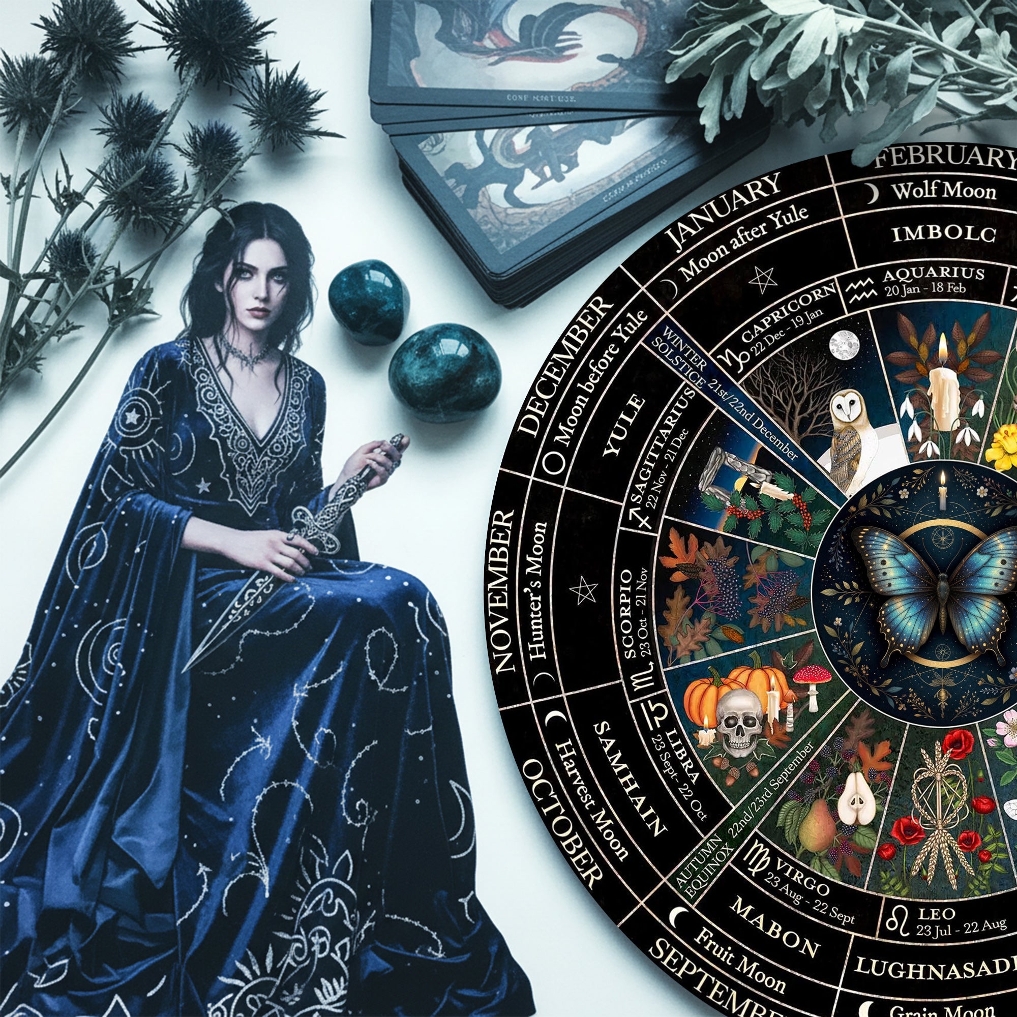 Butterfly Seasonal Wheel of the Year Wooden Pagan Decor