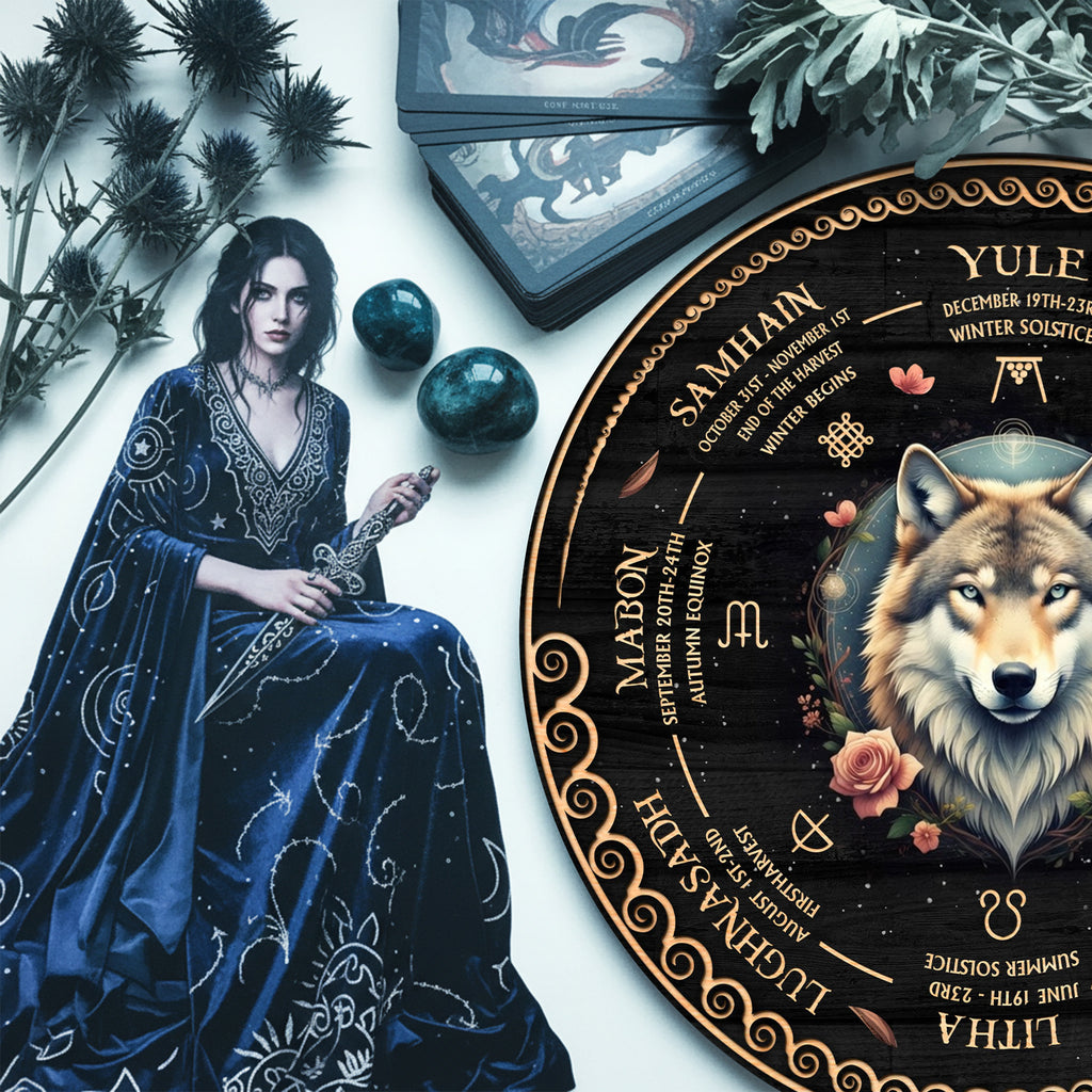 Wolf Floral Wheel of the Year Wooden Pagan Wall Art
