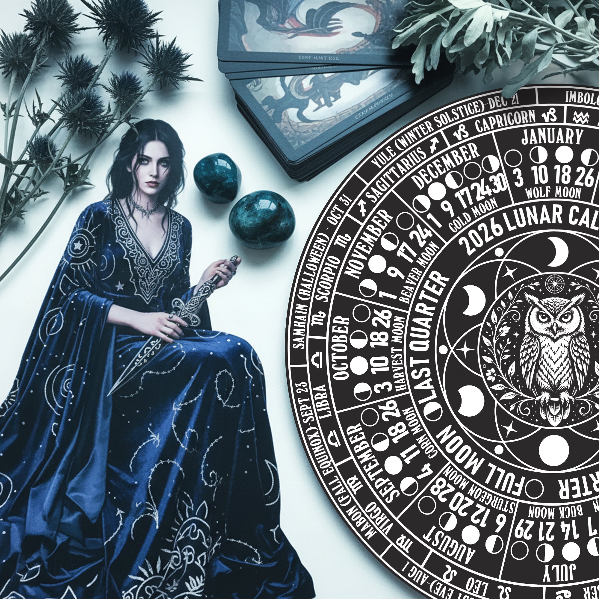 Owl Lunar Calendar Wooden Pagan Wall Art