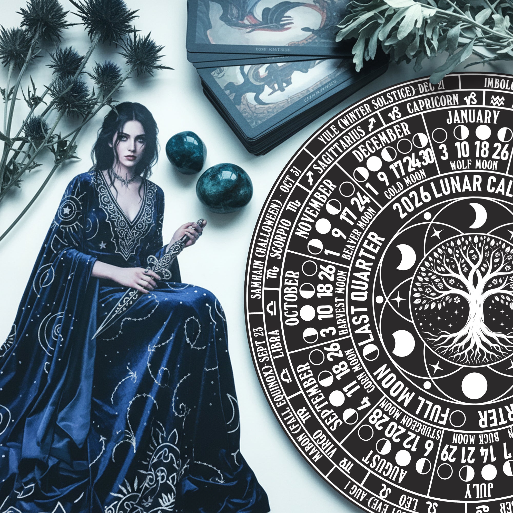 Lunar Calendar Wheel Wooden Pagan Wall Decor