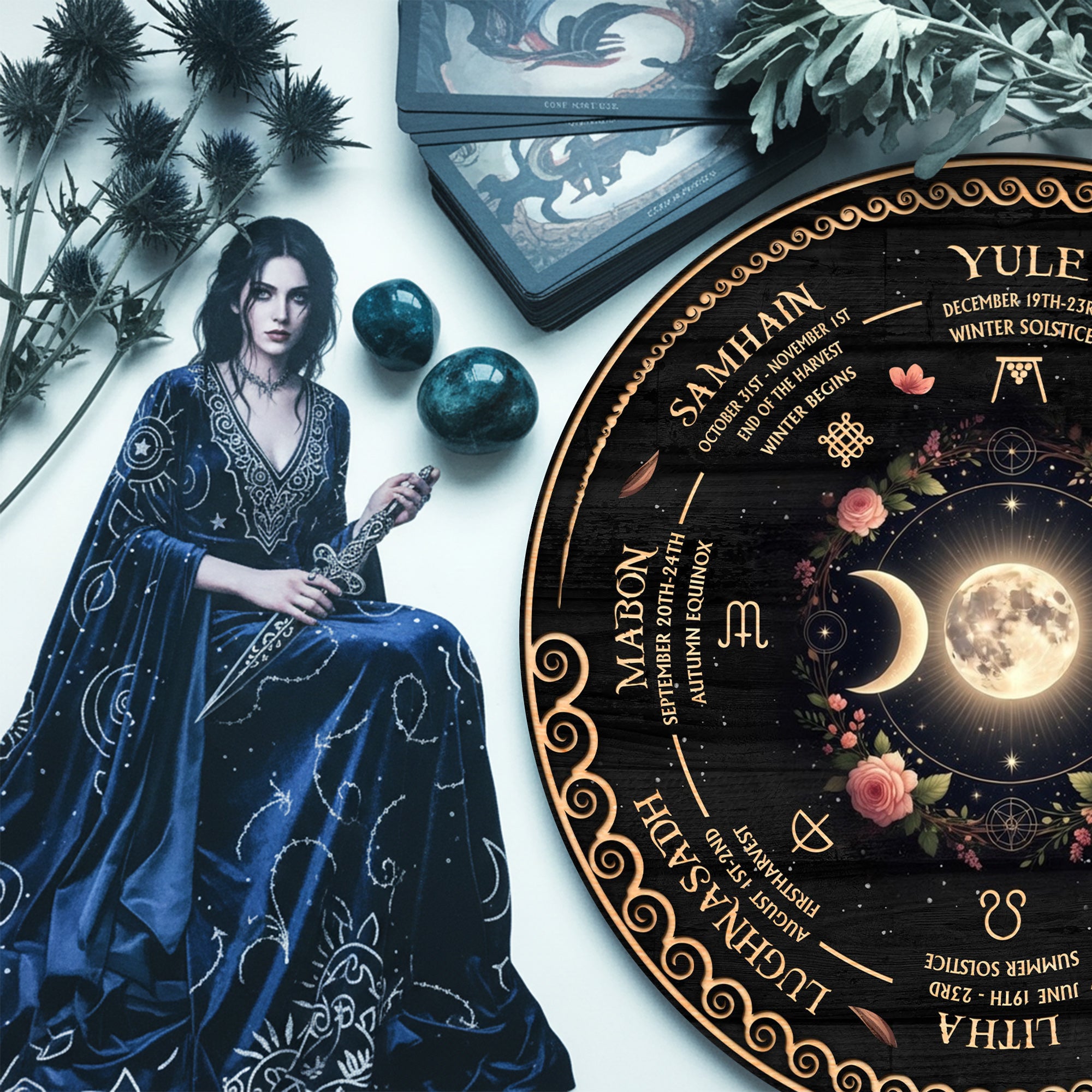 Triple Moon Floral Wheel of the Year Wooden Pagan Decor