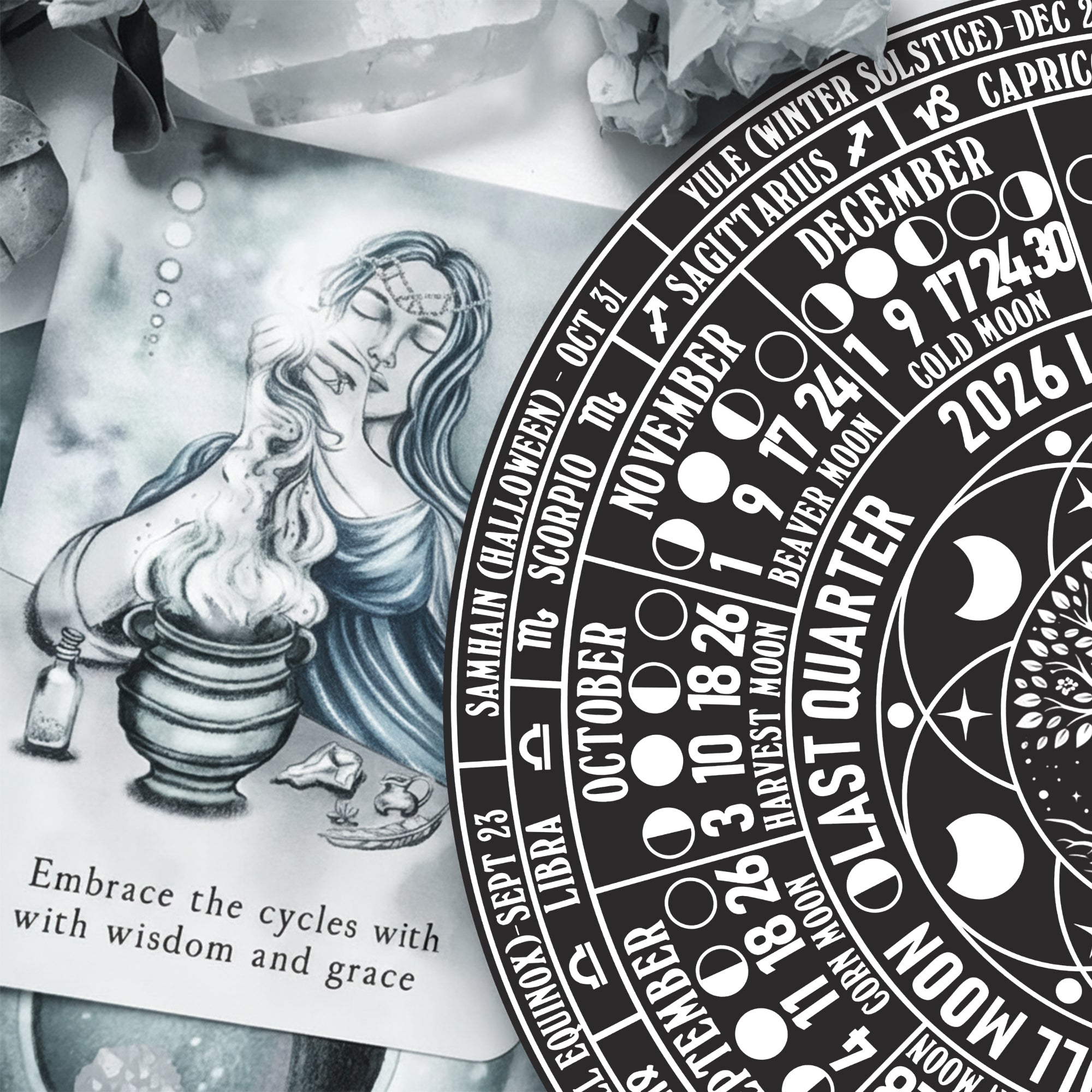 Lunar Calendar Wheel Wooden Pagan Wall Decor