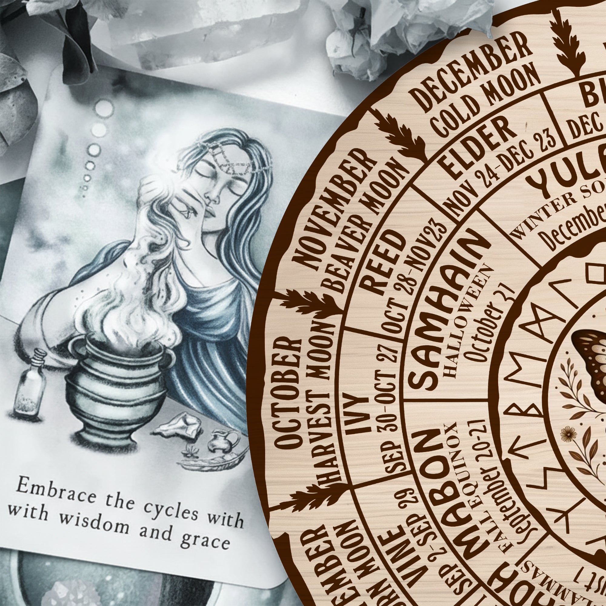 Butterfly Engraved Wheel of the Year Wooden Decor