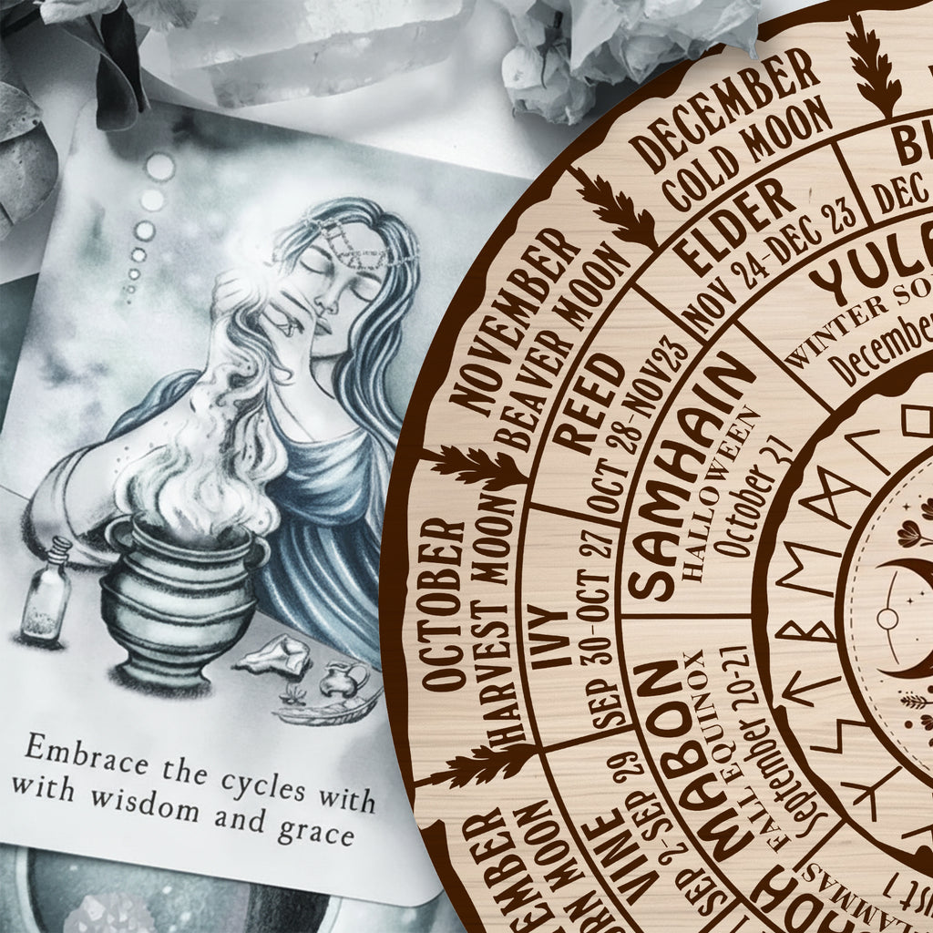 Moon Engraved Wheel of the Year Wooden Wall Decor
