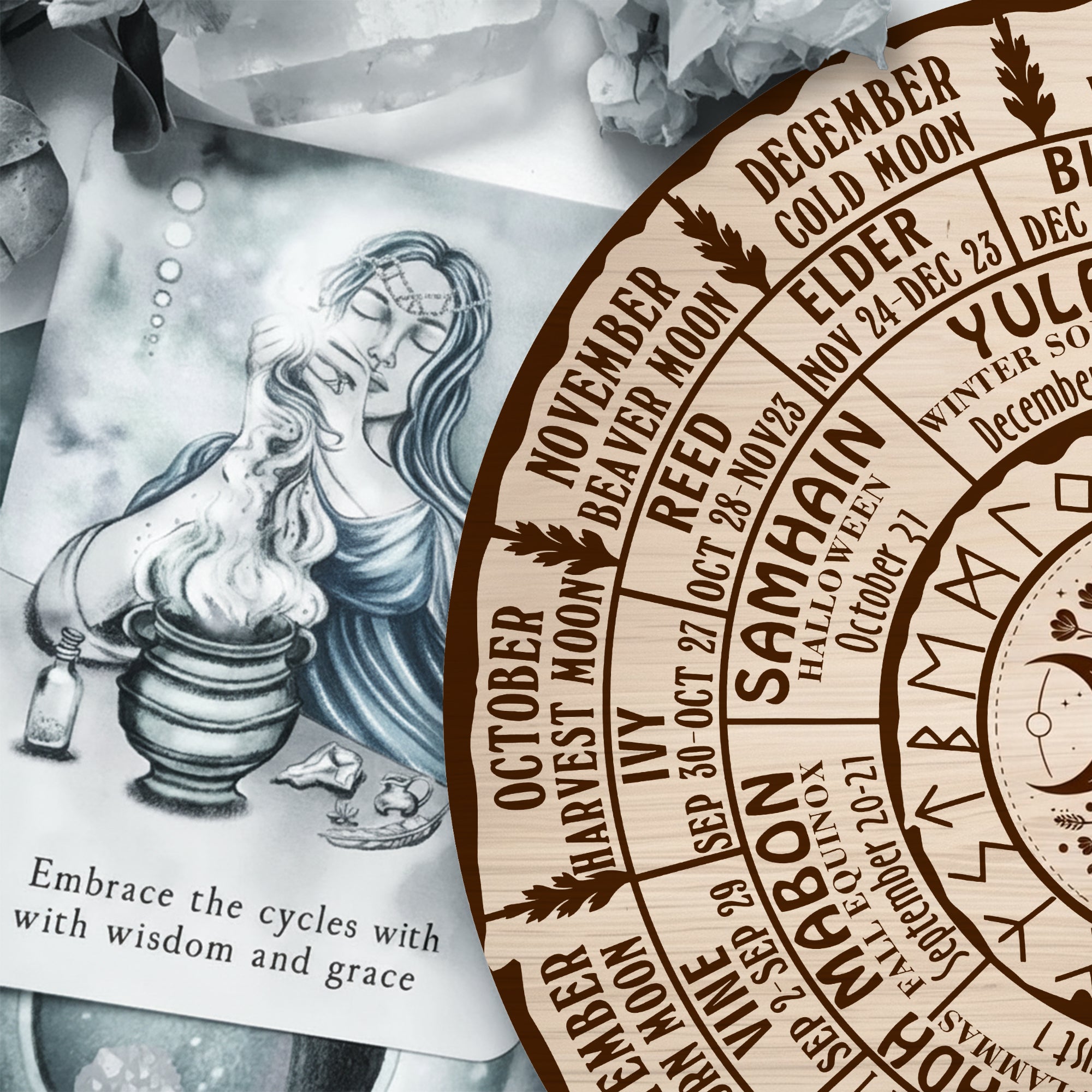 Moon Engraved Wheel of the Year Wooden Wall Decor