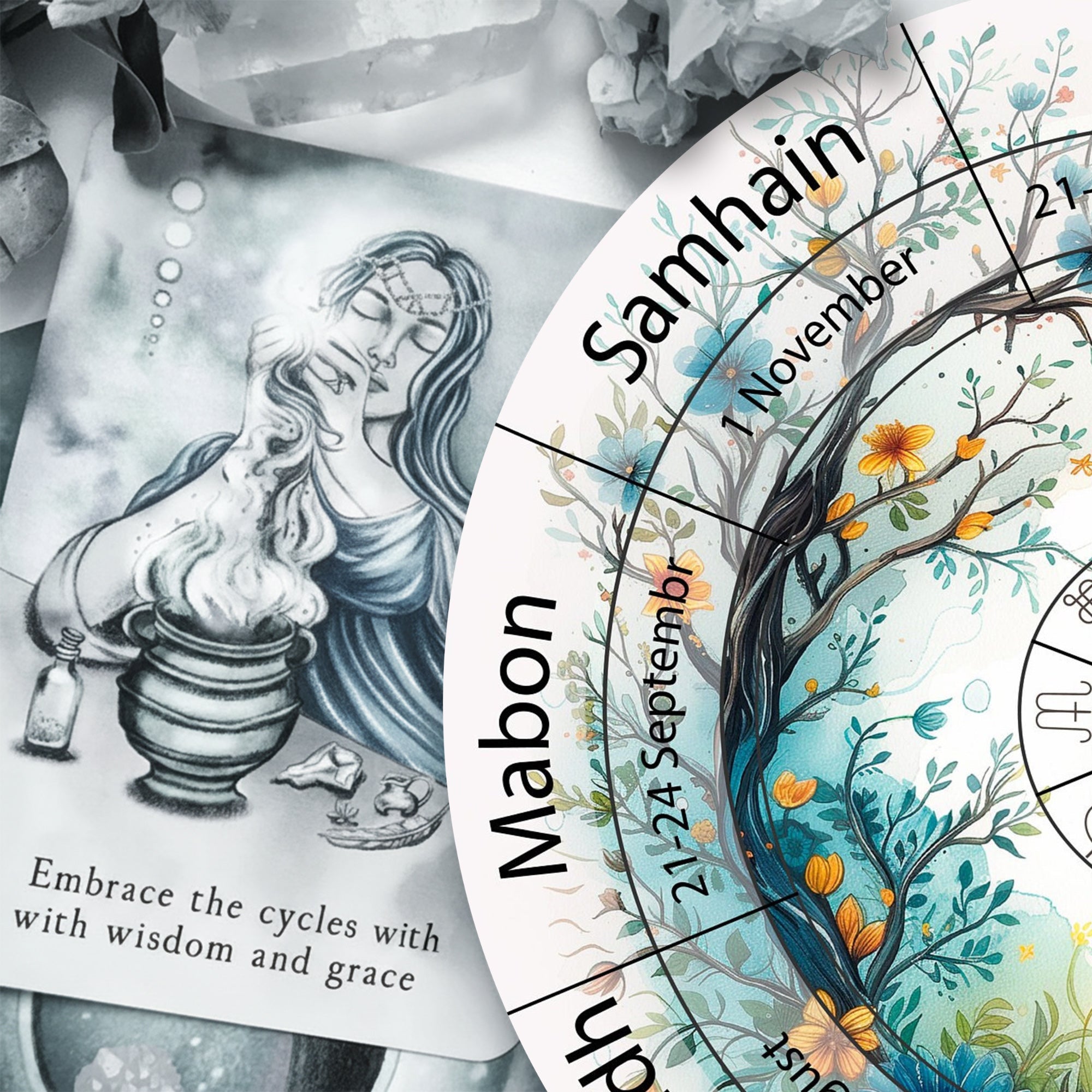 Colorful Moon Wheel of the Year Wooden Wall Art