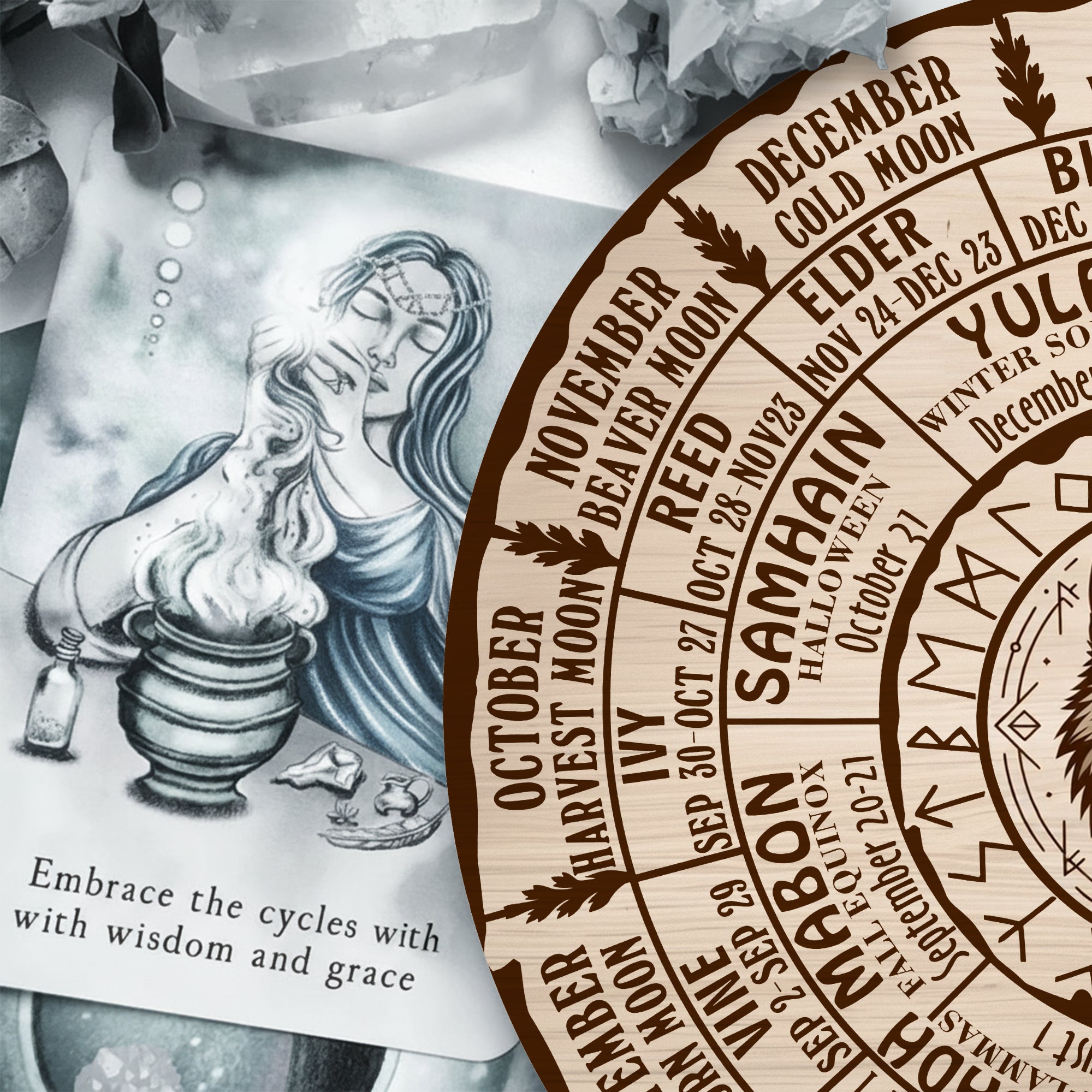 Wolf Engraved Wheel of the Year Wooden Wall Art