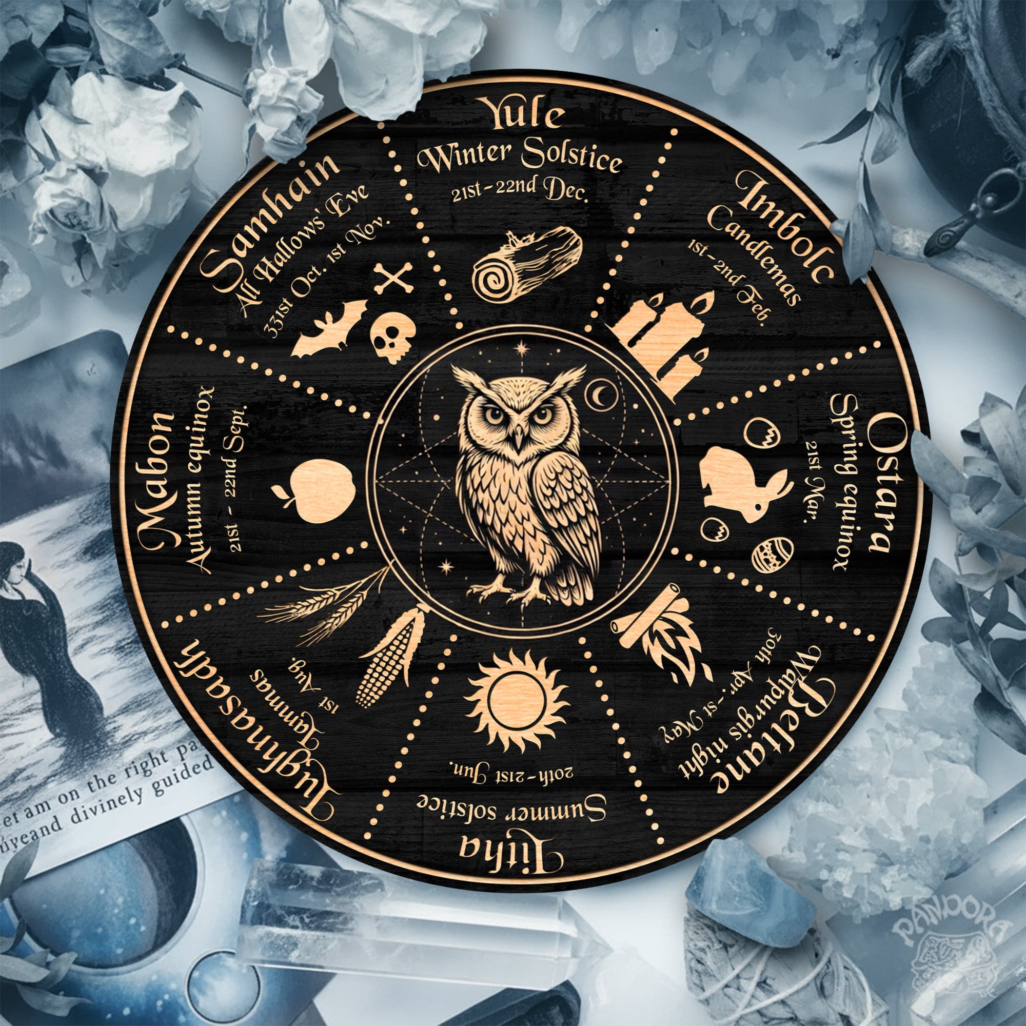 Owl Symbol Wheel of the Year Wooden Pagan Wall Decor