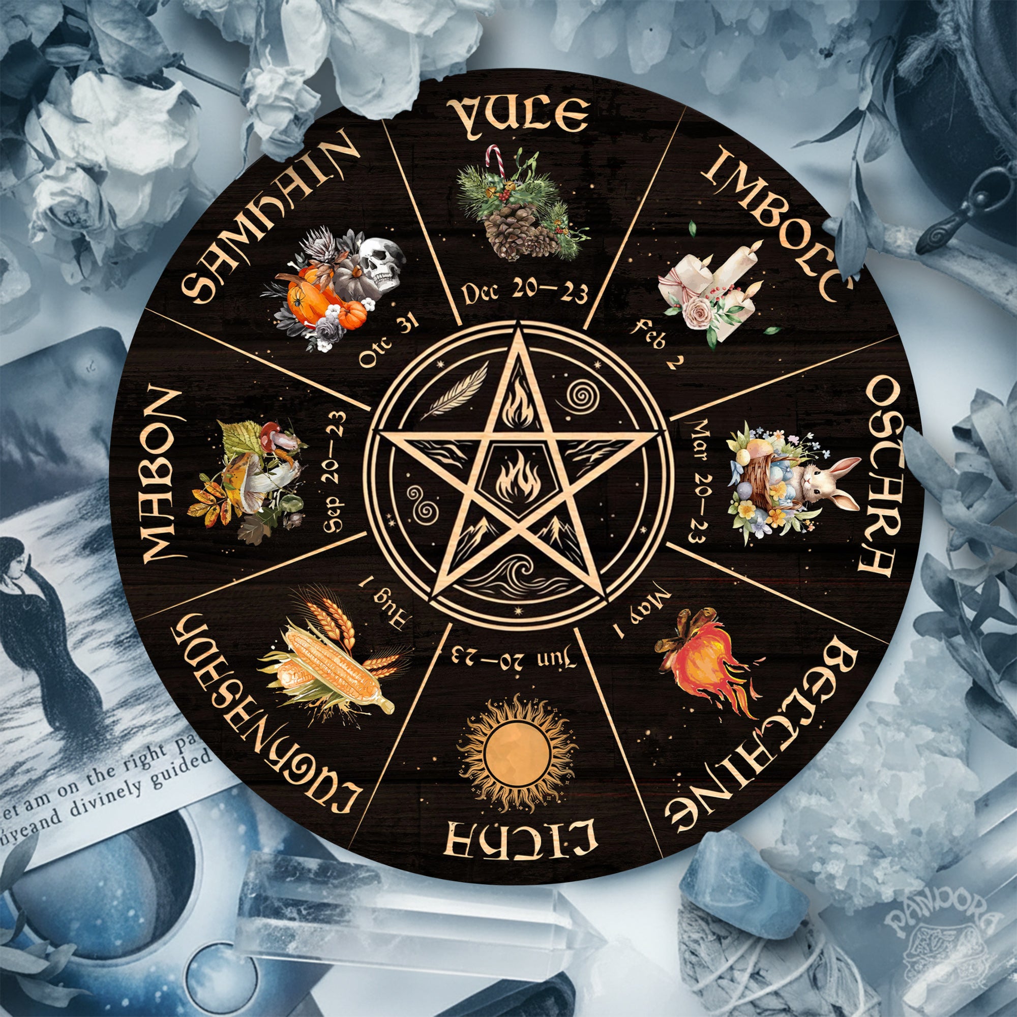 Pentagram Seasonal Wheel of the Year Wooden Wiccan Decor