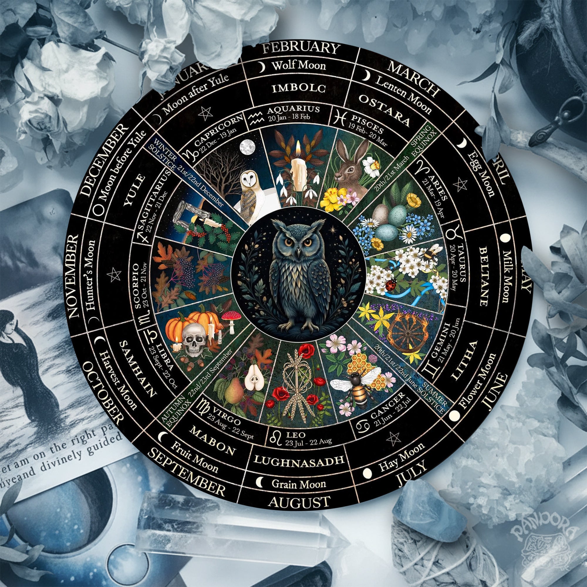 Owl Seasonal Wheel of the Year Wooden Pagan Wall Art