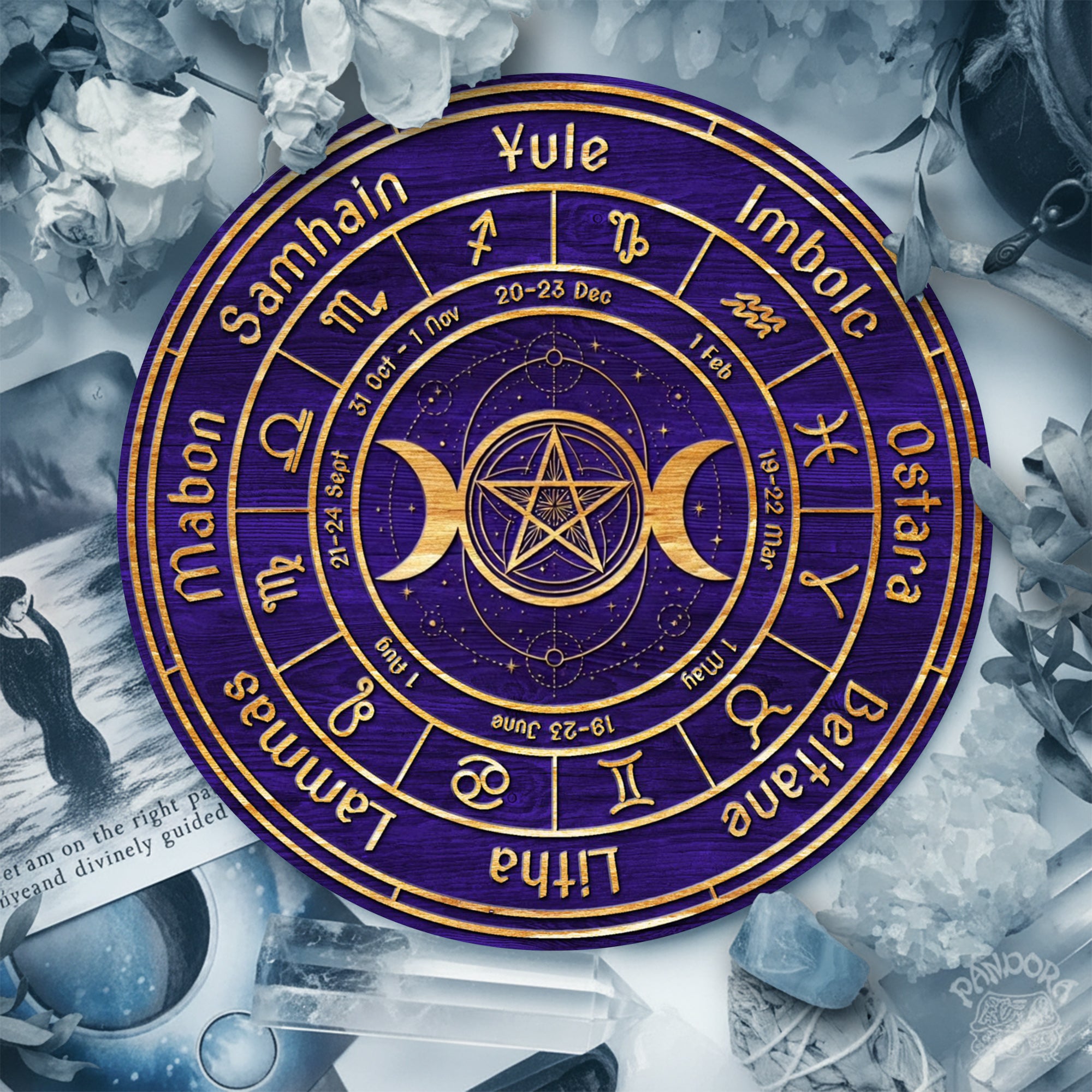 Purple Gold Wheel of the Year Wooden Pagan Wall Decor