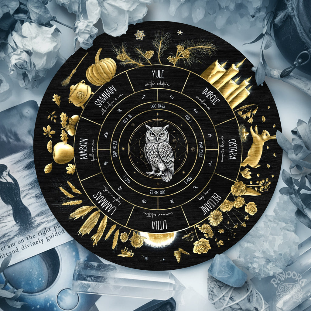 Black Gold Owl Wheel of the Year Wooden Pagan Wall Art