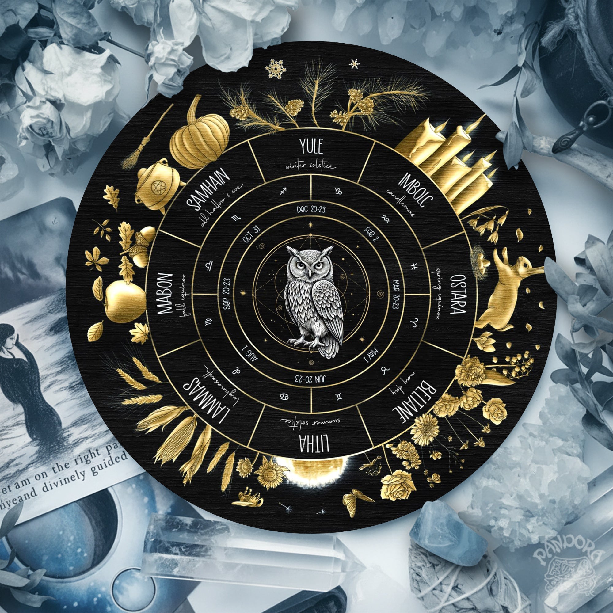 Black Gold Owl Wheel of the Year Wooden Pagan Wall Art