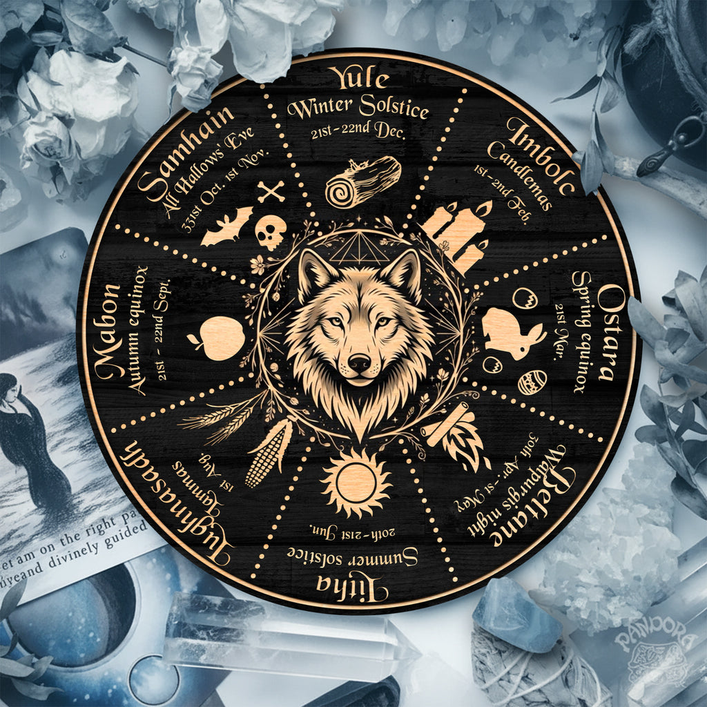 Wolf Symbol Wheel of the Year Wooden Pagan Wall Decor
