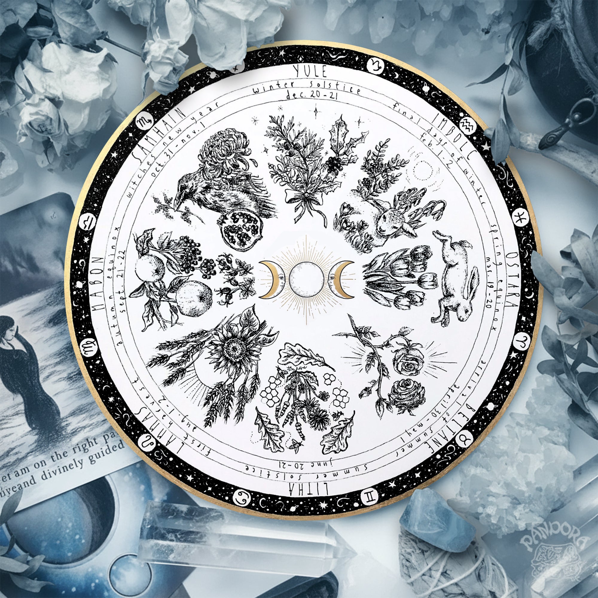 Triple Moon Vintage Wheel of the Year Wooden Decor