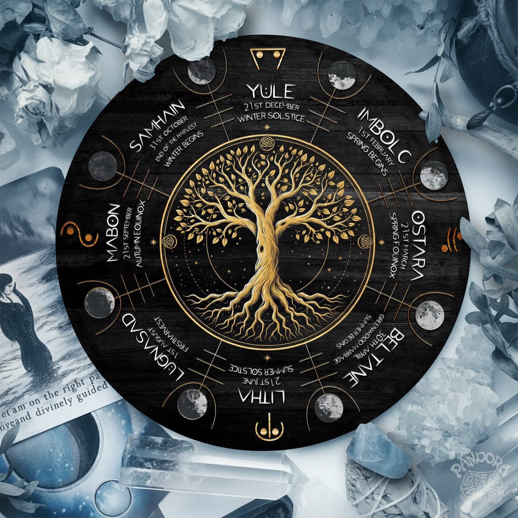 Black Gold Tree Wheel of the Year Wooden Pagan Wall Art