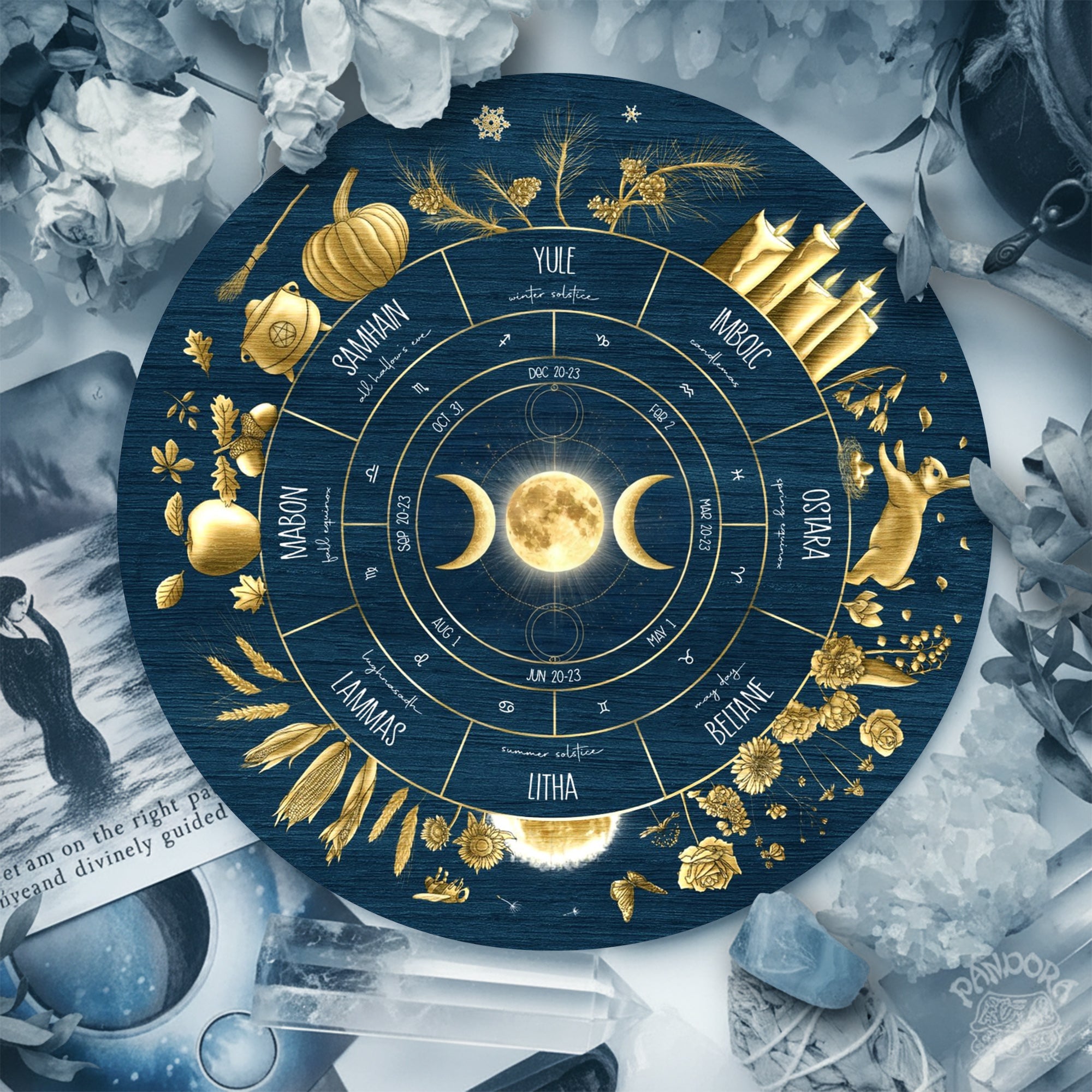 Blue Gold Wheel of the Year Wooden Moon Pagan Wall Art