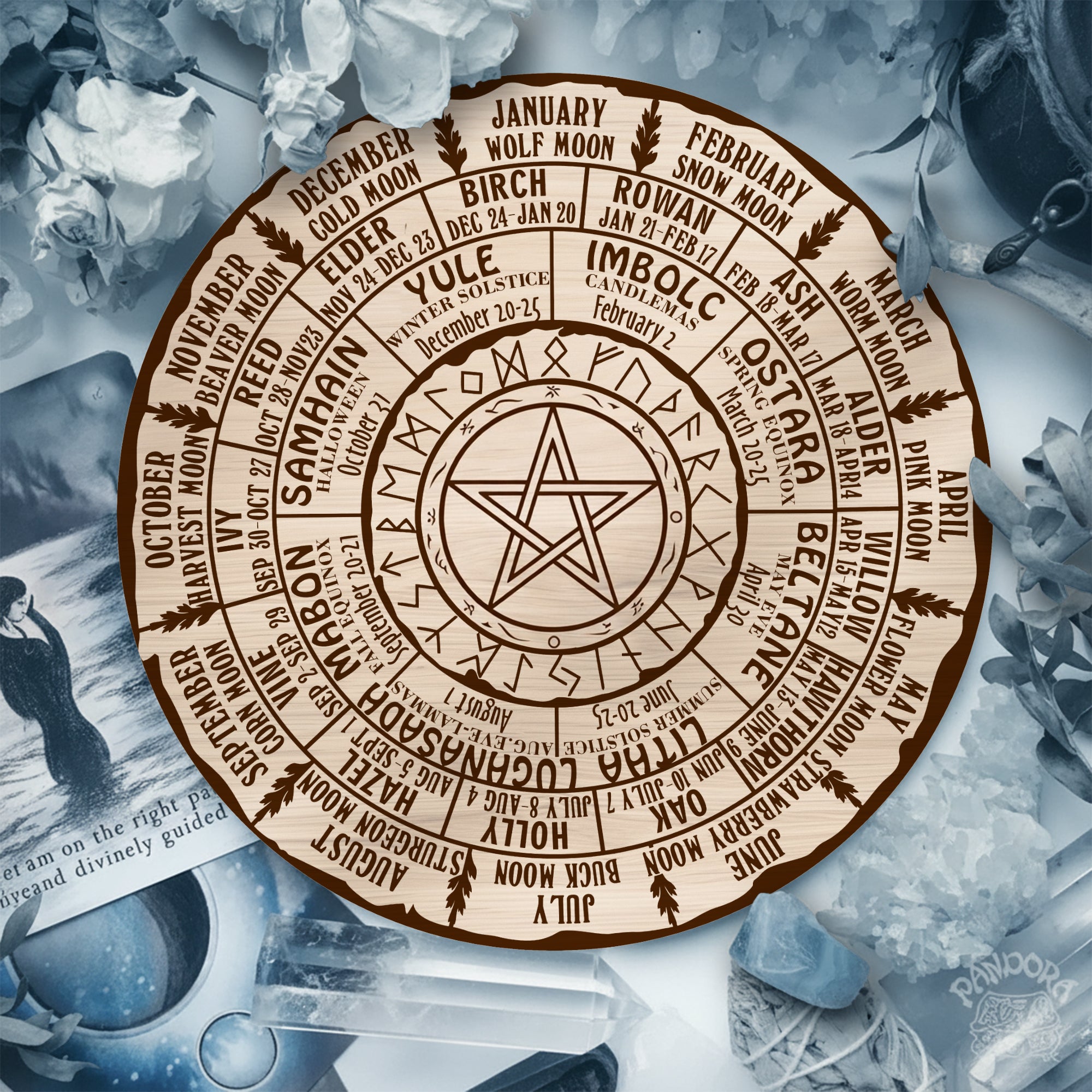 Pentagram Engraved Wheel of the Year Wooden Wiccan Art