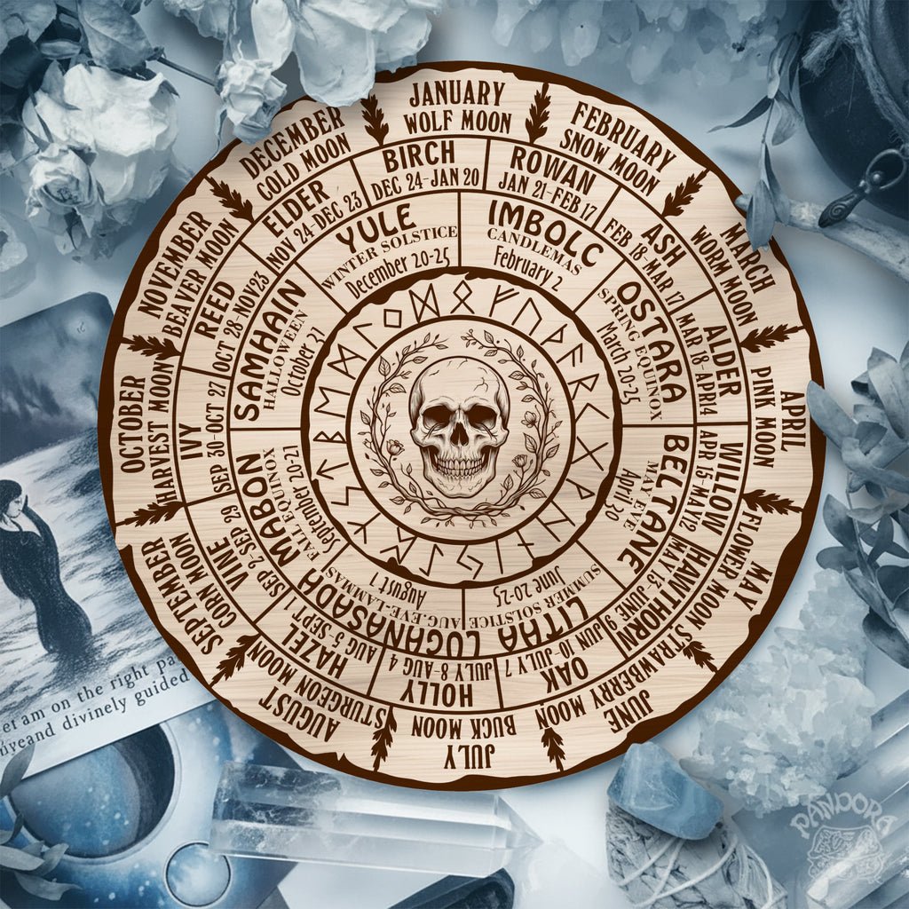 Skull Engraved Wheel of the Year Wooden Gothic Decor