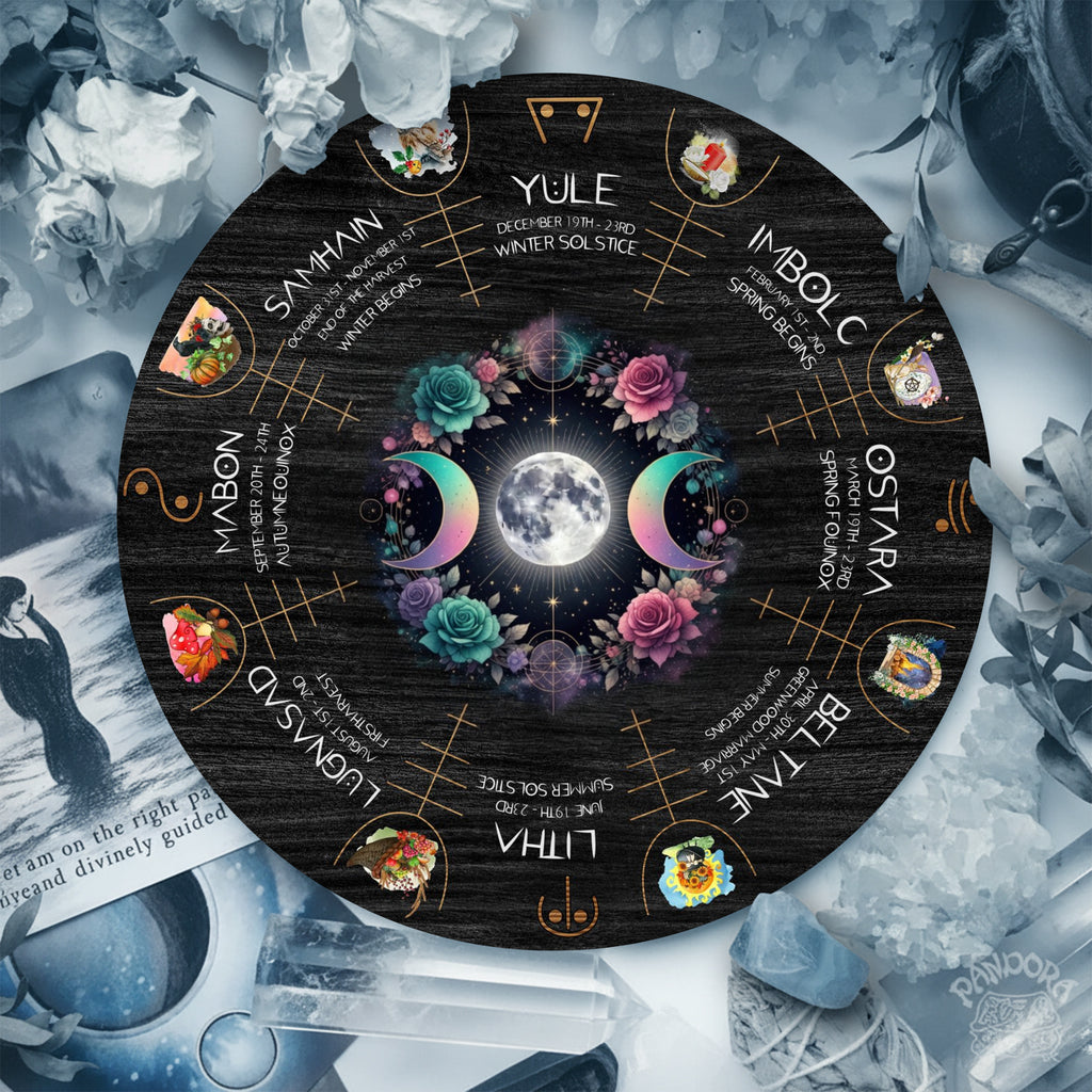 Floral Moon Wheel of the Year Wooden Pagan Wall Decor