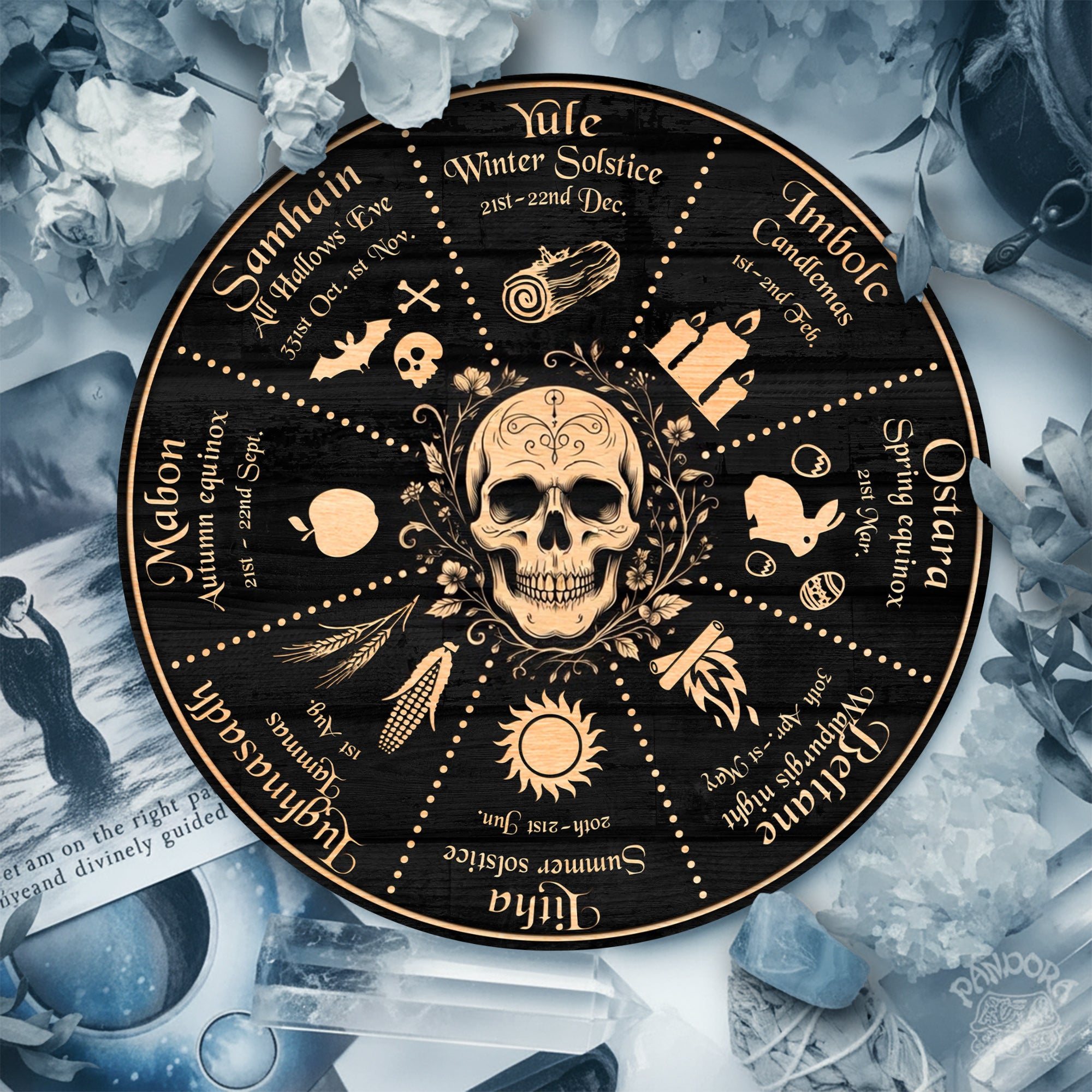 Skull Symbol Wheel of the Year Wooden Gothic Wall Art