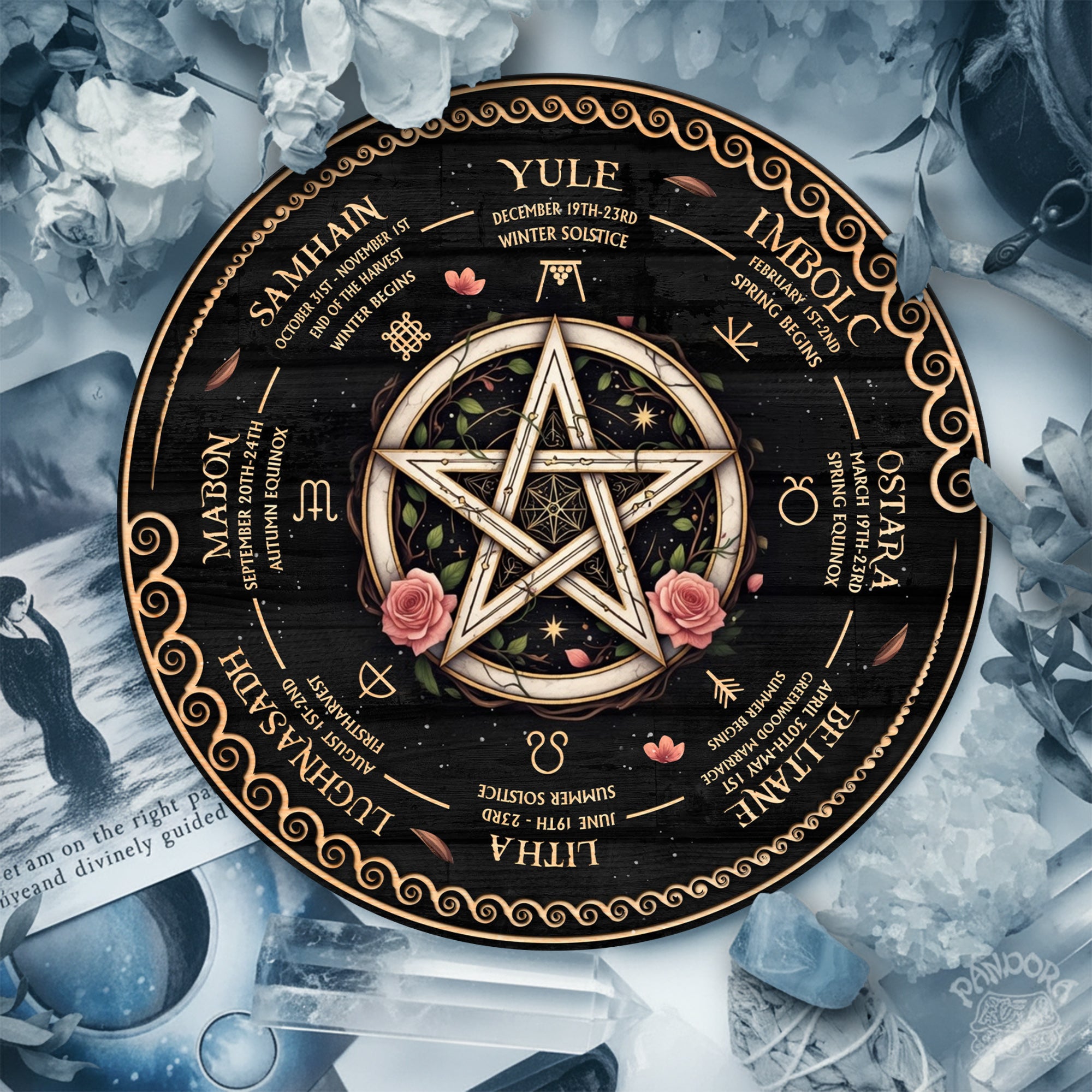 Pentagram Floral Wheel of the Year Wooden Wiccan Decor