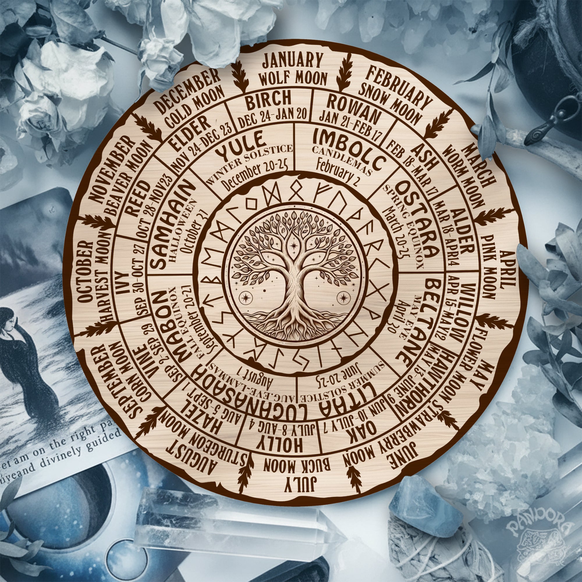 Tree Engraved Wheel of the Year Wooden Wall Decor