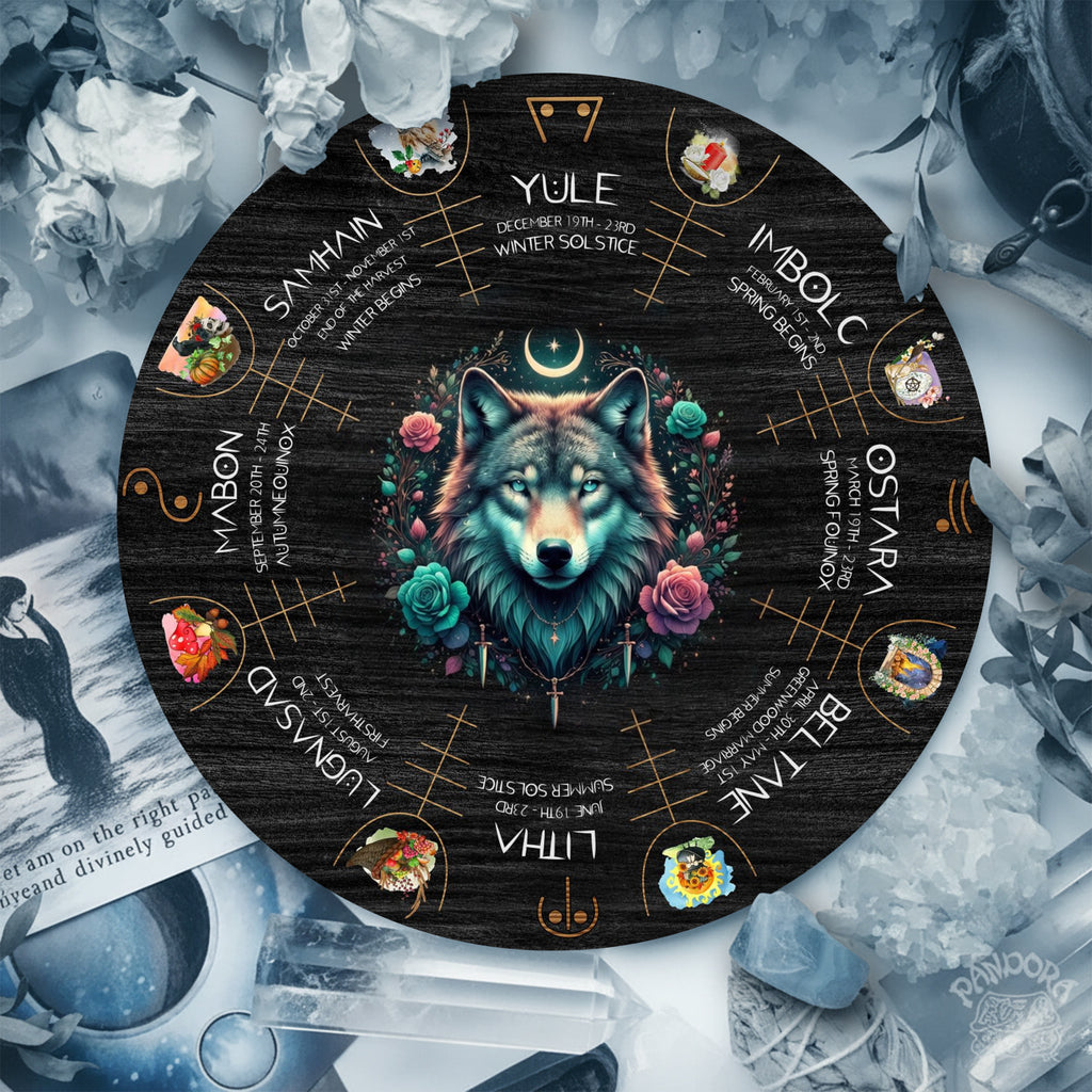 Mystic Wolf Wheel of the Year Wooden Pagan Wall Decor