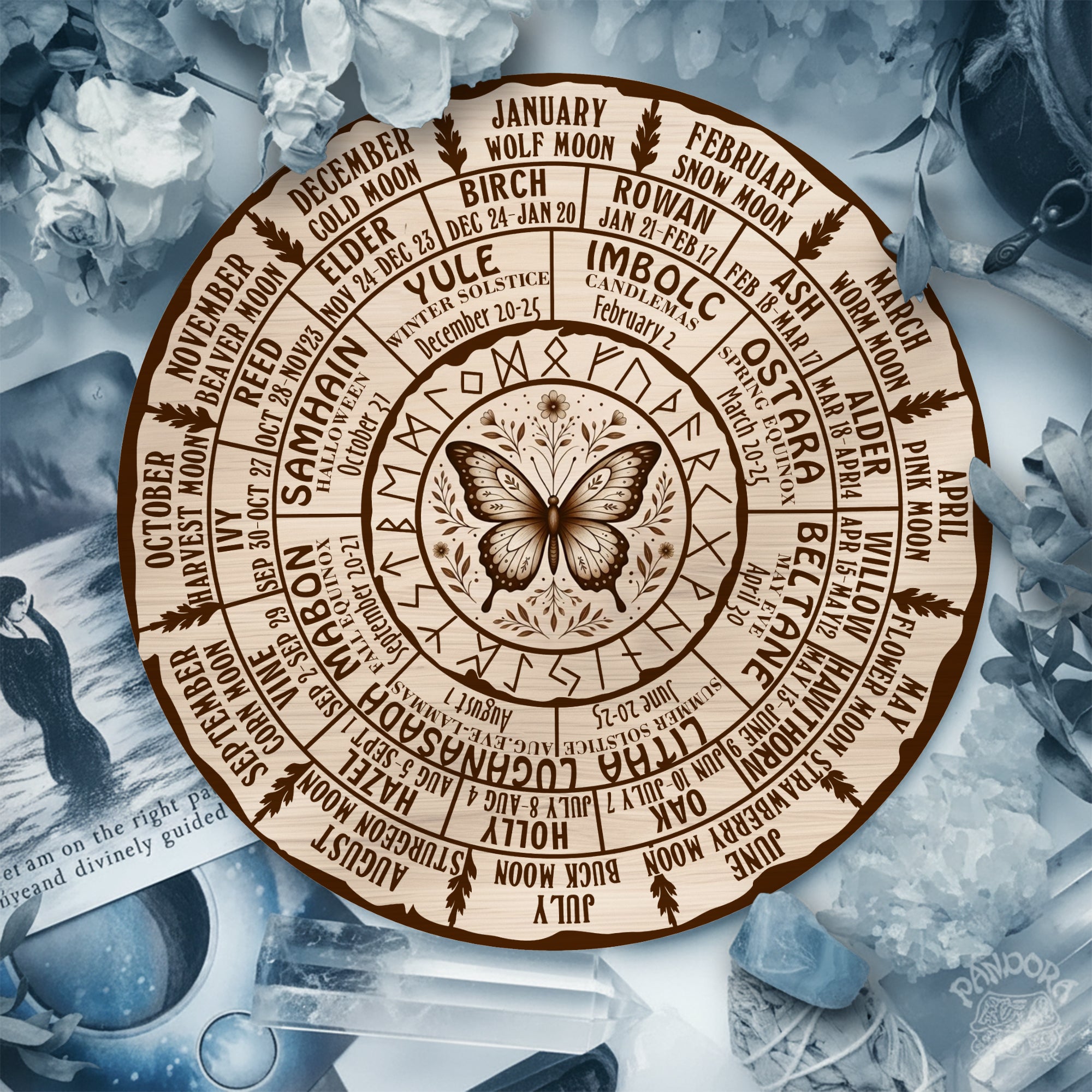 Butterfly Engraved Wheel of the Year Wooden Decor