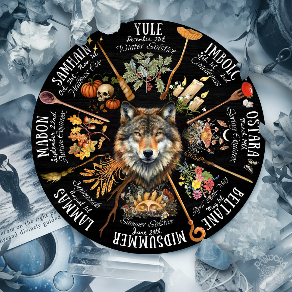 Wolf Dark Seasonal Wheel of the Year Wooden Pagan Art
