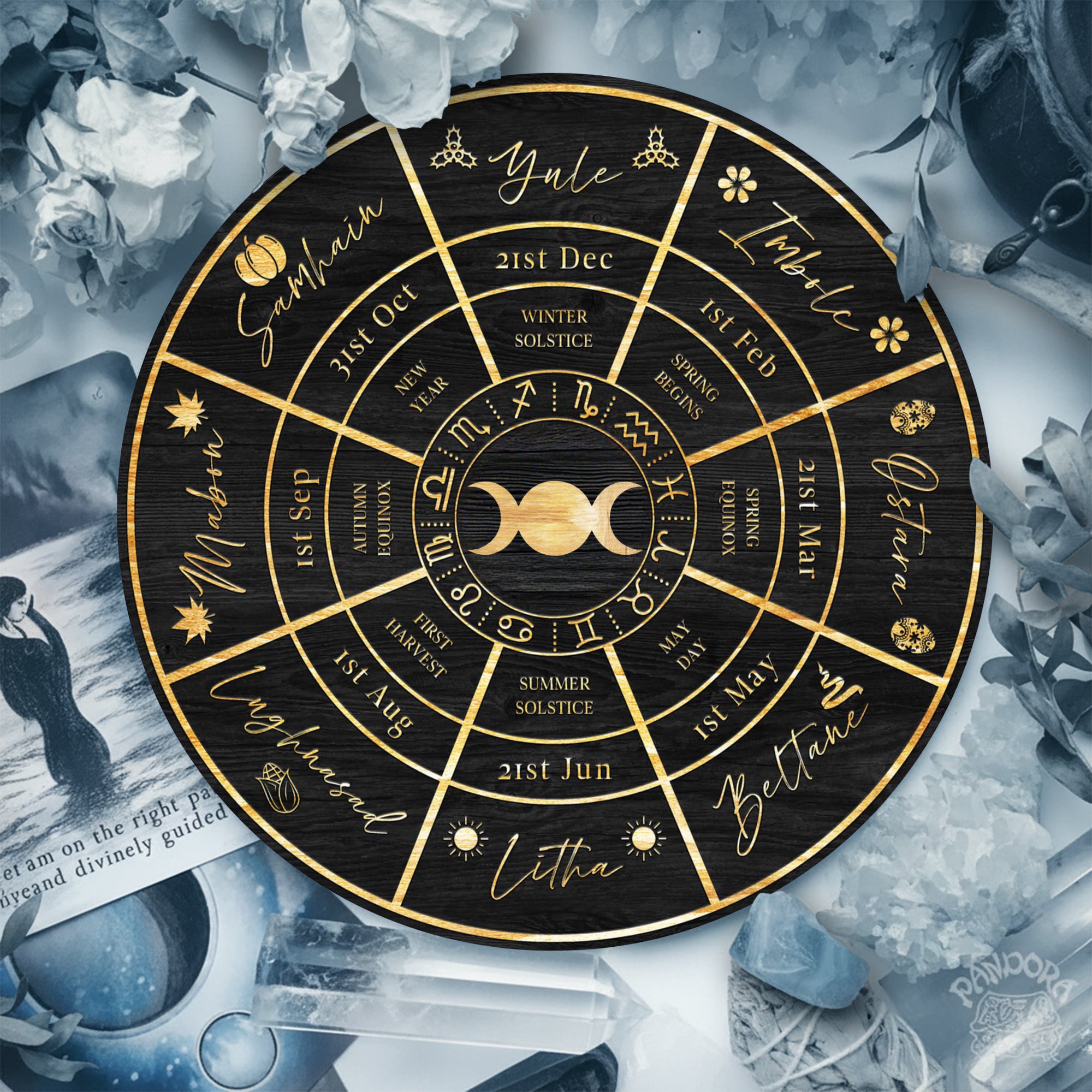 Black Gold Wheel of the Year Wooden Sabbat Wall Art