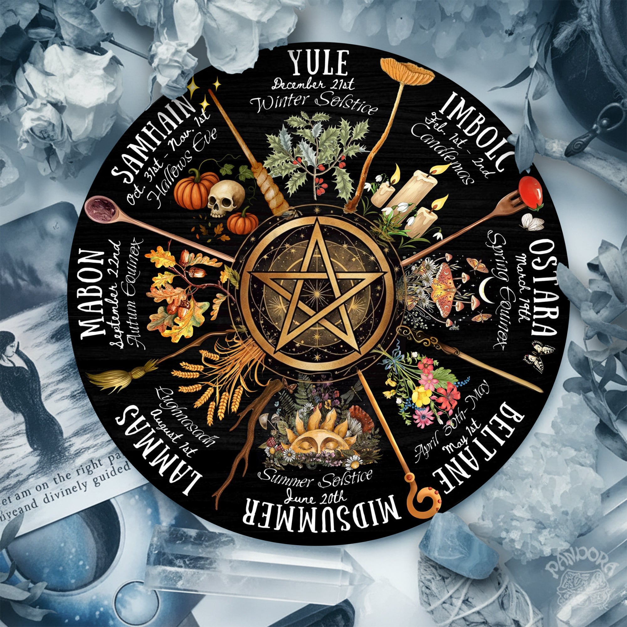 Pentagram Dark Seasonal Wheel of the Year Wooden Wiccan Art