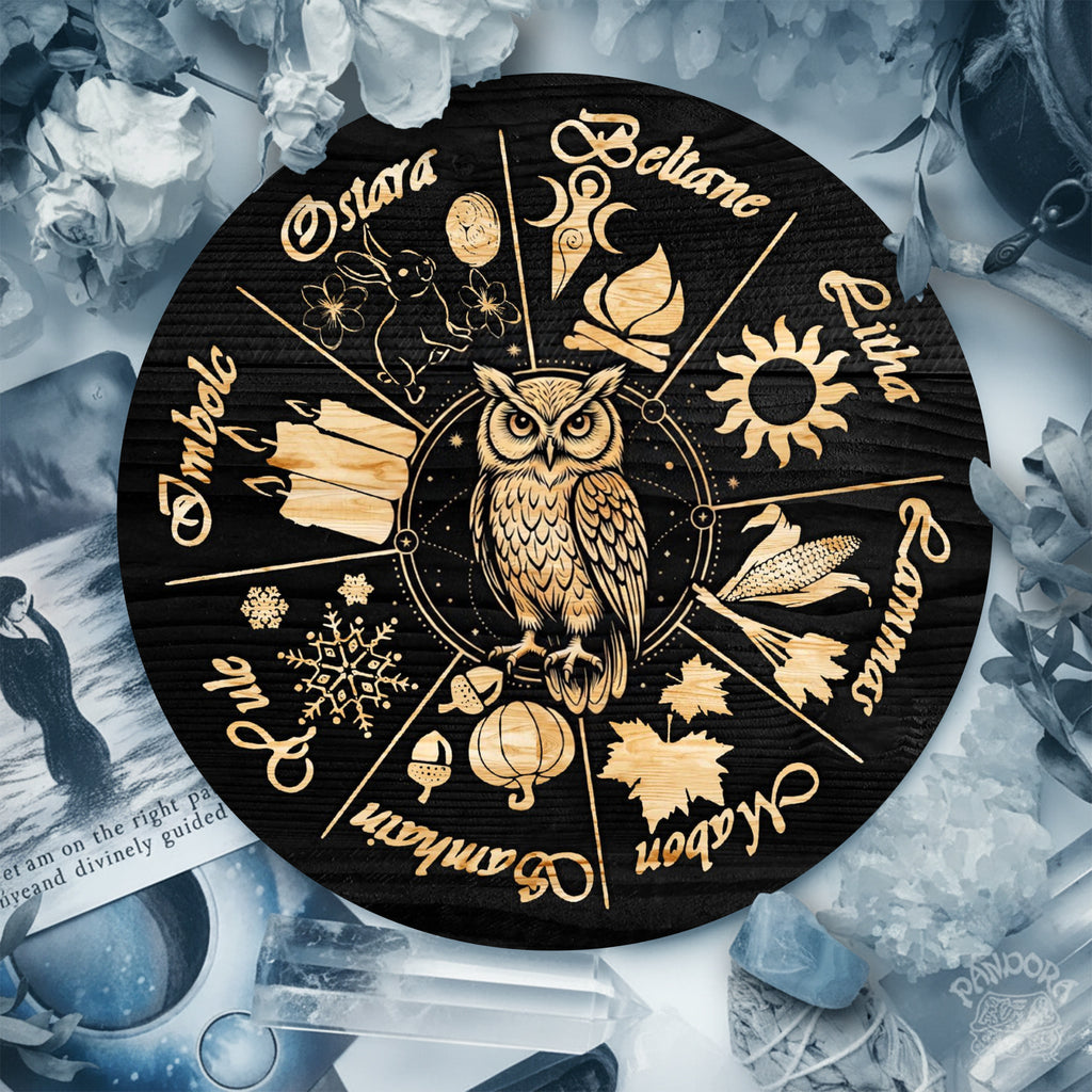 Owl Seasonal Wheel of the Year Wooden Pagan Wall Decor