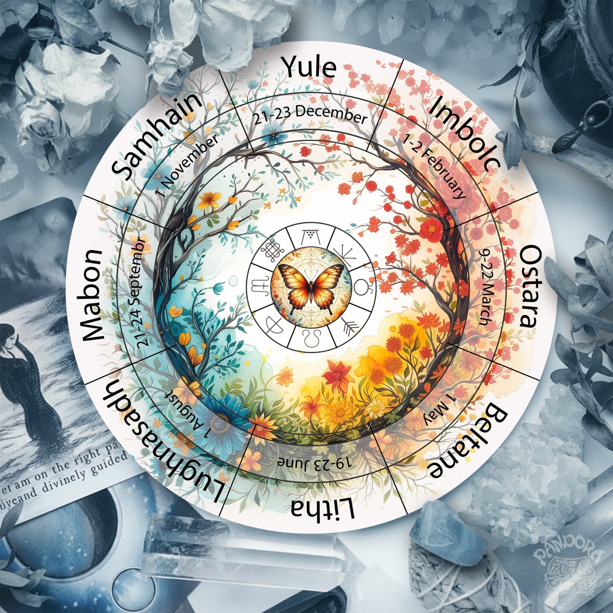 Colorful Butterfly Wheel of the Year Wooden Decor