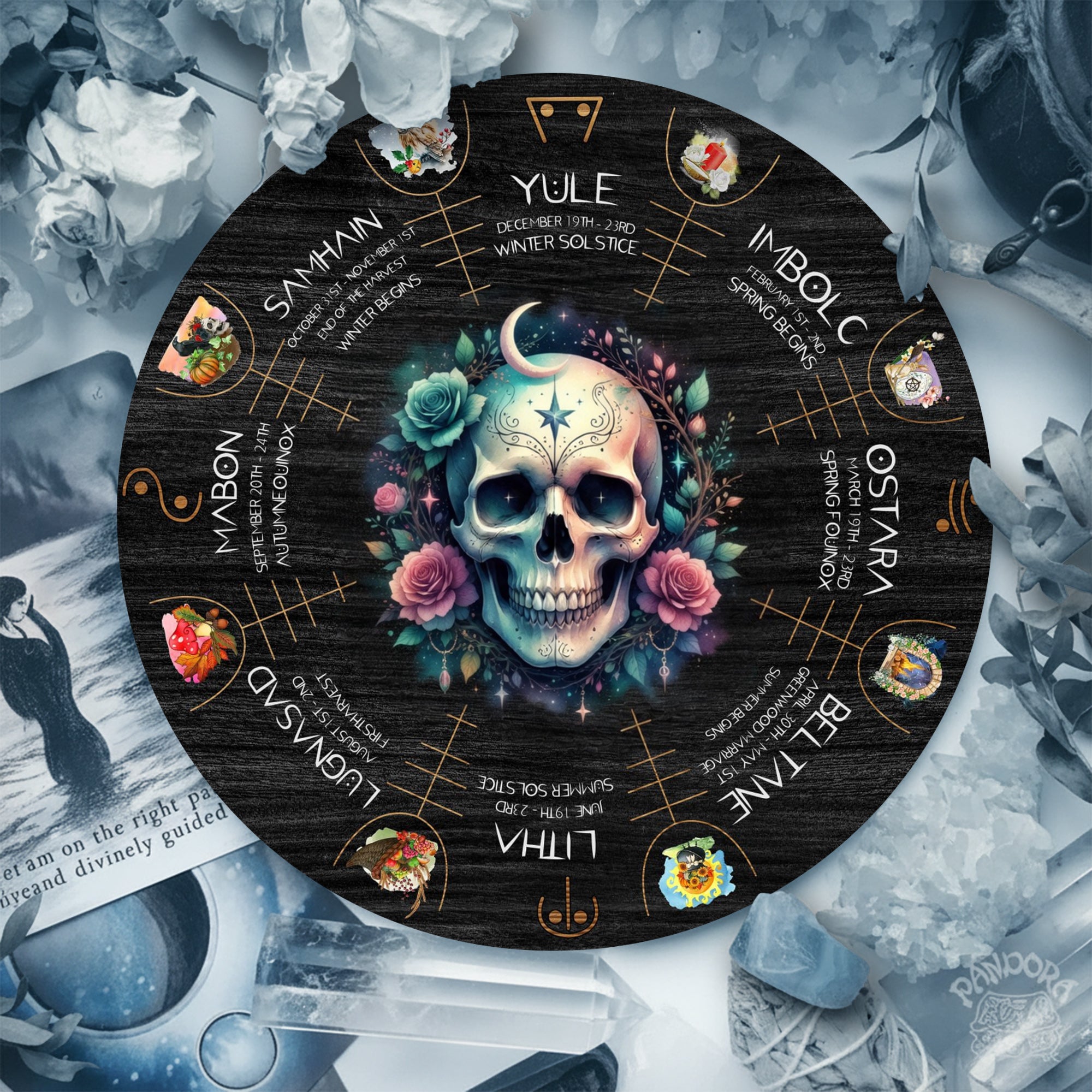 Floral Skull Wheel of the Year Wooden Gothic Wall Art