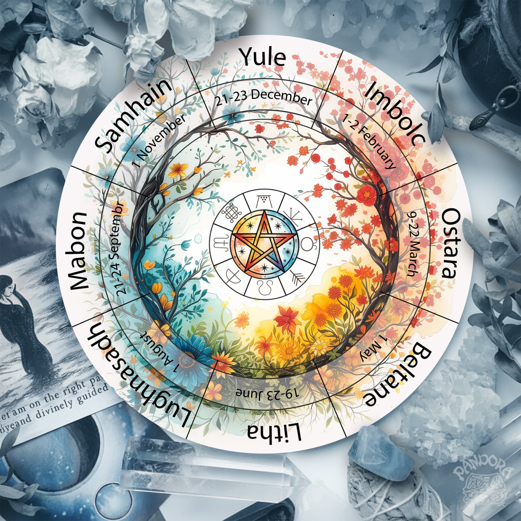 Colorful Pentagram Wheel of the Year Wooden Wiccan Decor