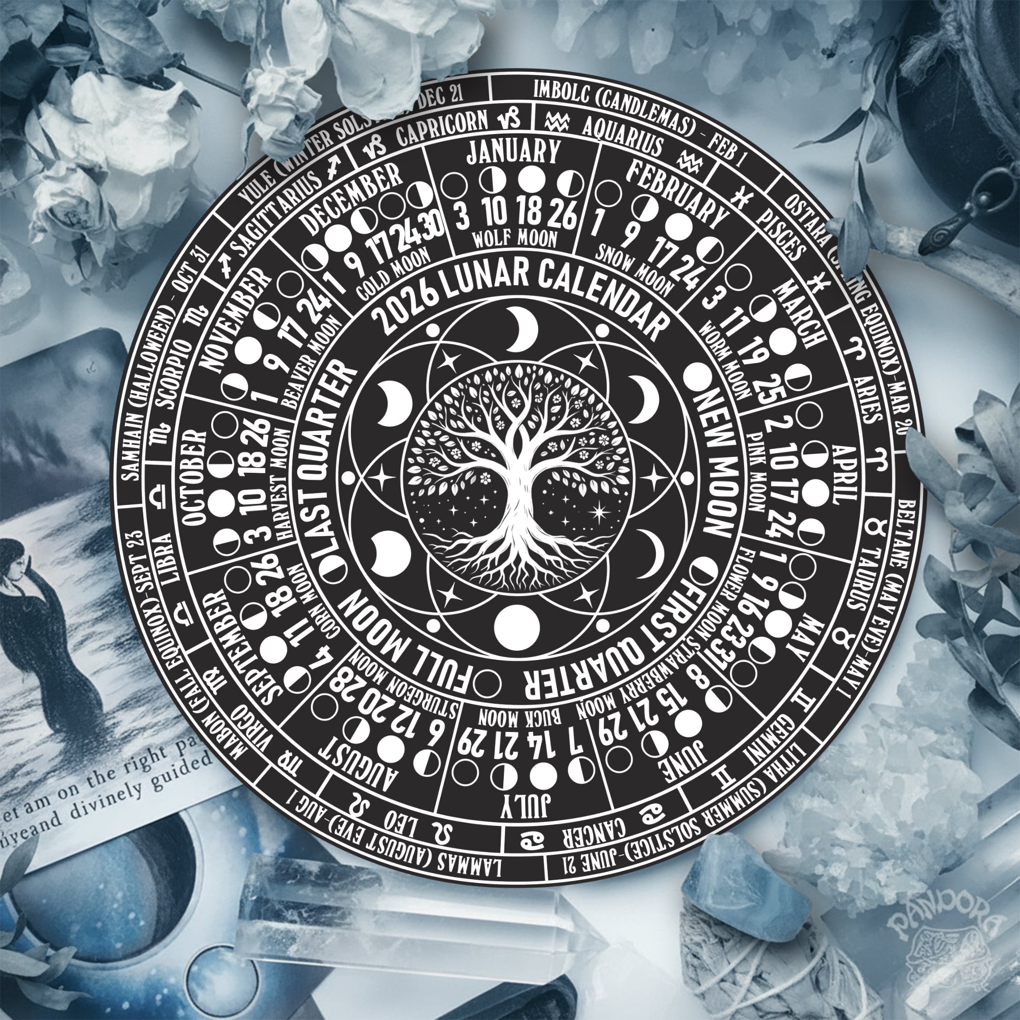 Lunar Calendar Wheel Wooden Pagan Wall Decor